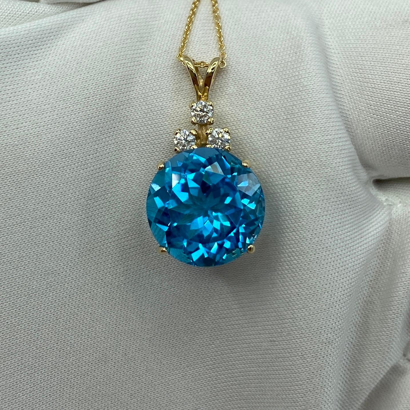 10 Carat Swiss Blue Topaz & Diamond Yellow Gold Pendant Necklace Round Cut 3