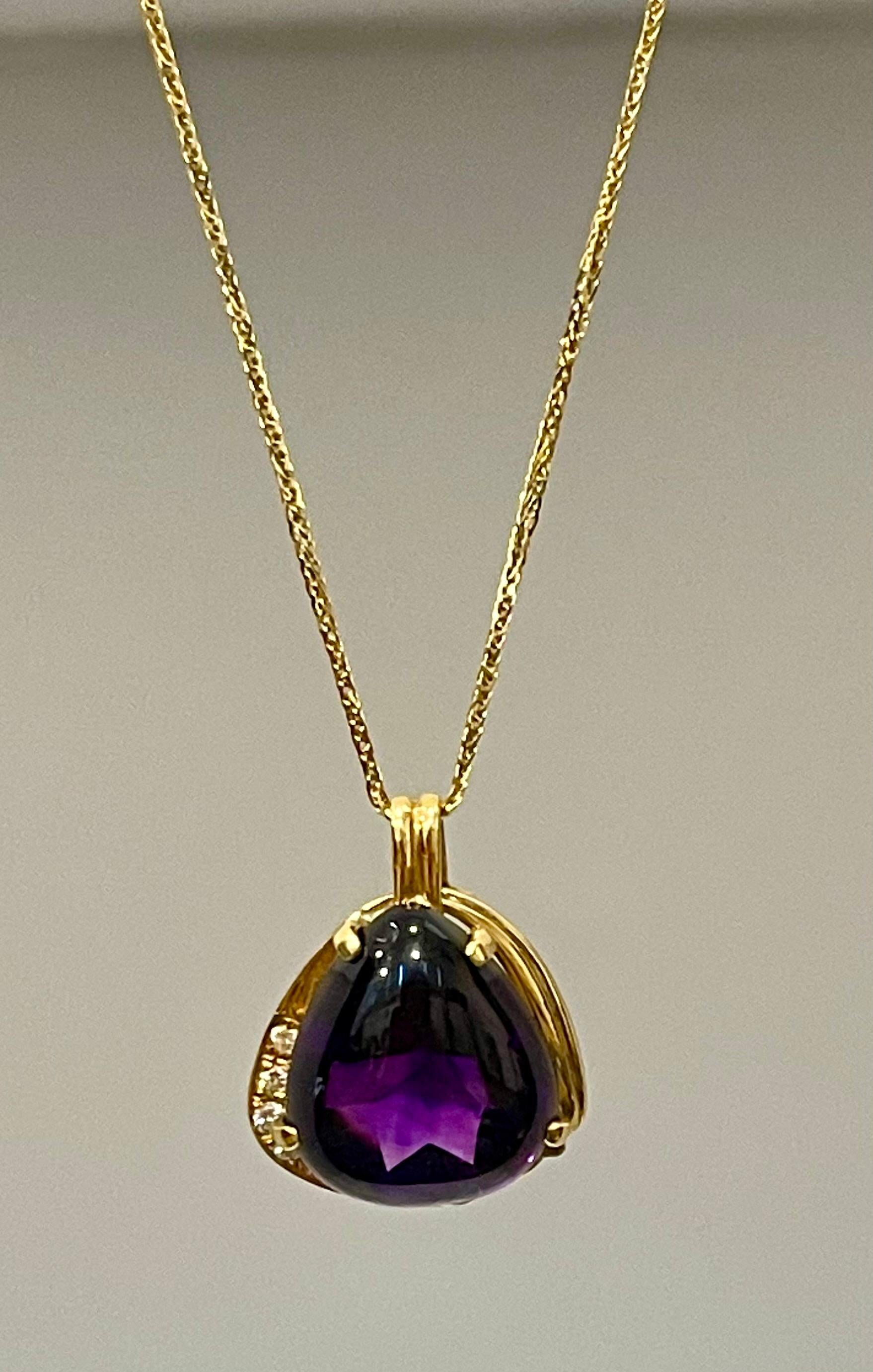 10 Carat Tear Drop Amethyst and Diamonds Pendent Necklace 18 Karat Yellow Gold For Sale 8