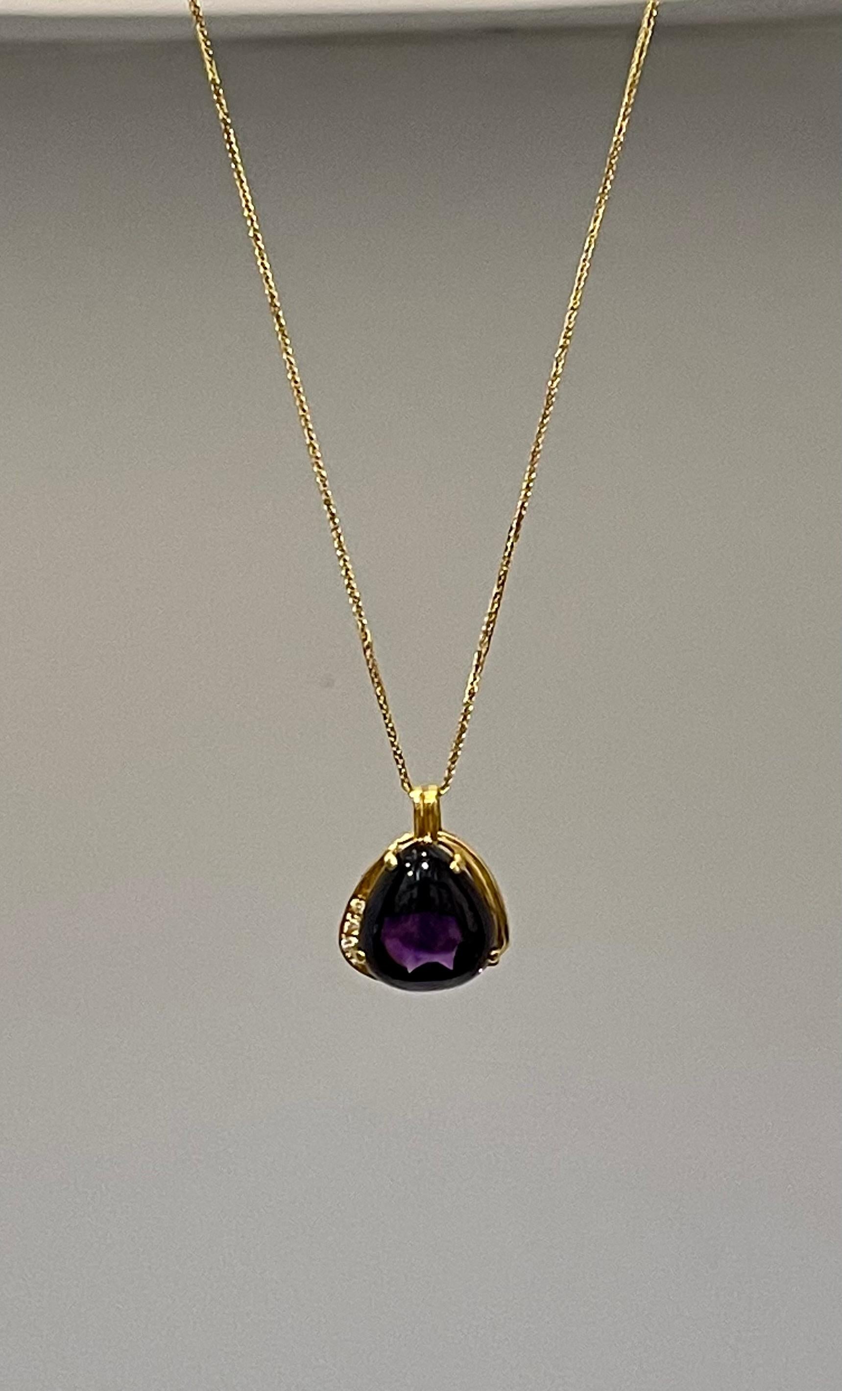 10 Carat Tear Drop Amethyst and Diamonds Pendent Necklace 18 Karat Yellow Gold For Sale 9