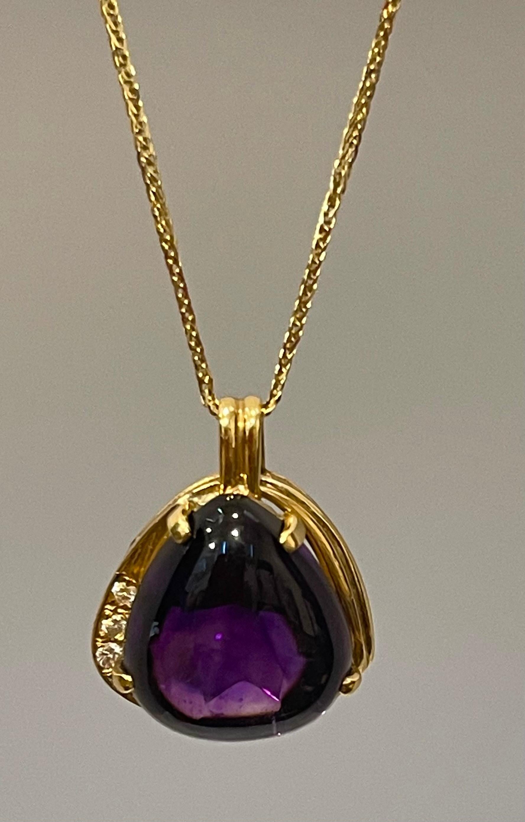 10 Carat Tear Drop Amethyst and Diamonds Pendent Necklace 18 Karat Yellow Gold For Sale 12