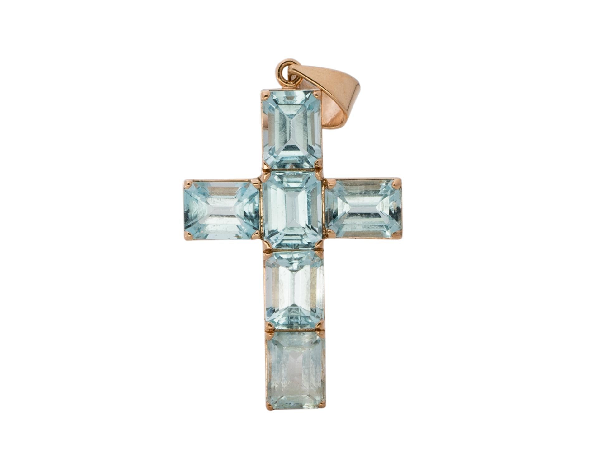 Item Details:
Metal type: 14 Karat Yellow Gold
Weight: 6.47 grams
Measures: 1.5 inch Length x .5 inch width

10 Carats Total of Aquamarine
6 Stone Count
4-prong set 
Bail loop on top of pendant 
Crafted in 14 Karat yellow gold 