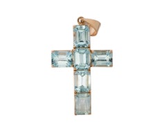 10 Carat Total Aquamarine and 14 Karat Gold Cross Pendant