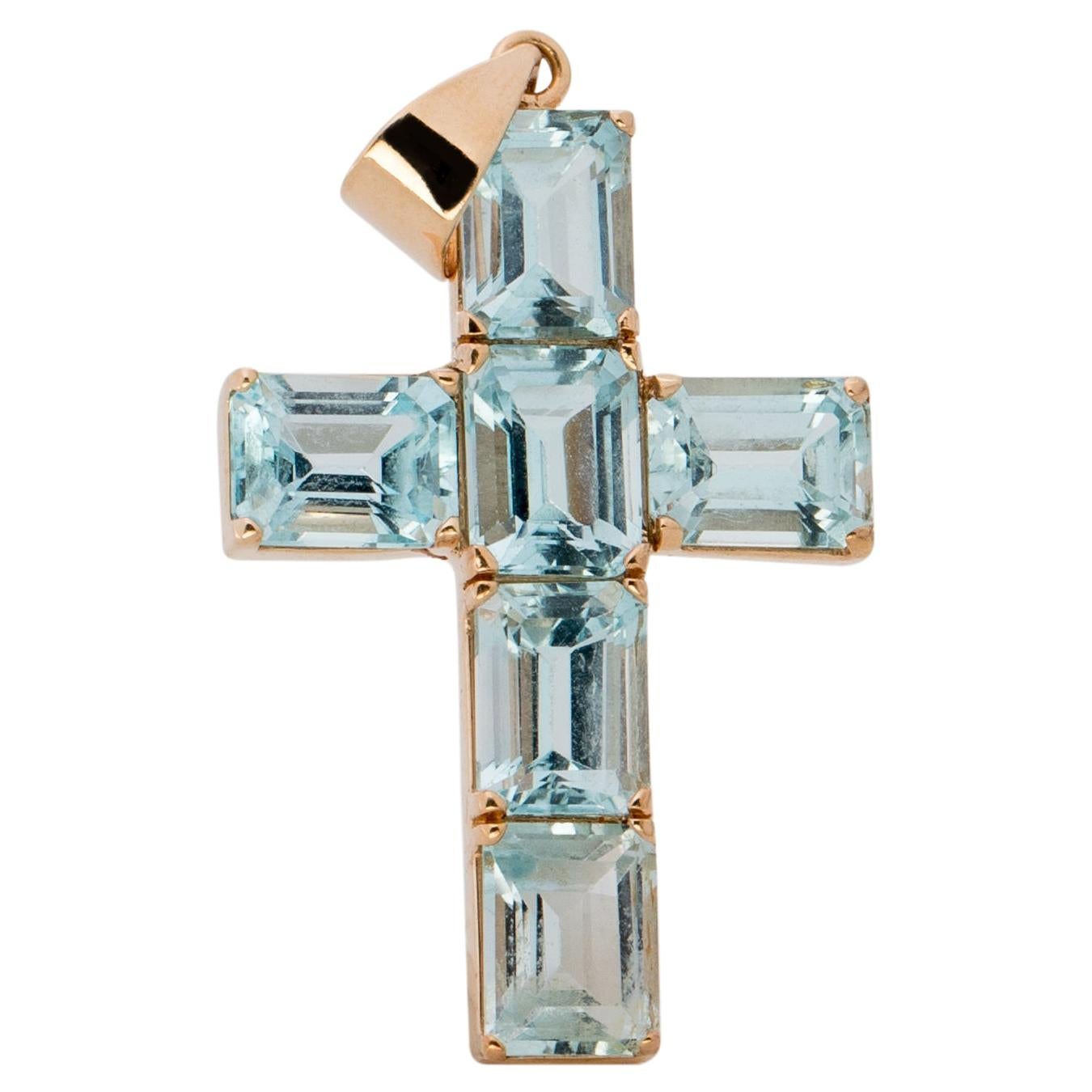 10 Carat Total Aquamarine and 14 Karat Gold Cross Pendant