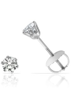 1.0 Carat Total Diamond Solitaire Stud Earrings 6 Prongs 18 Karat White Gold