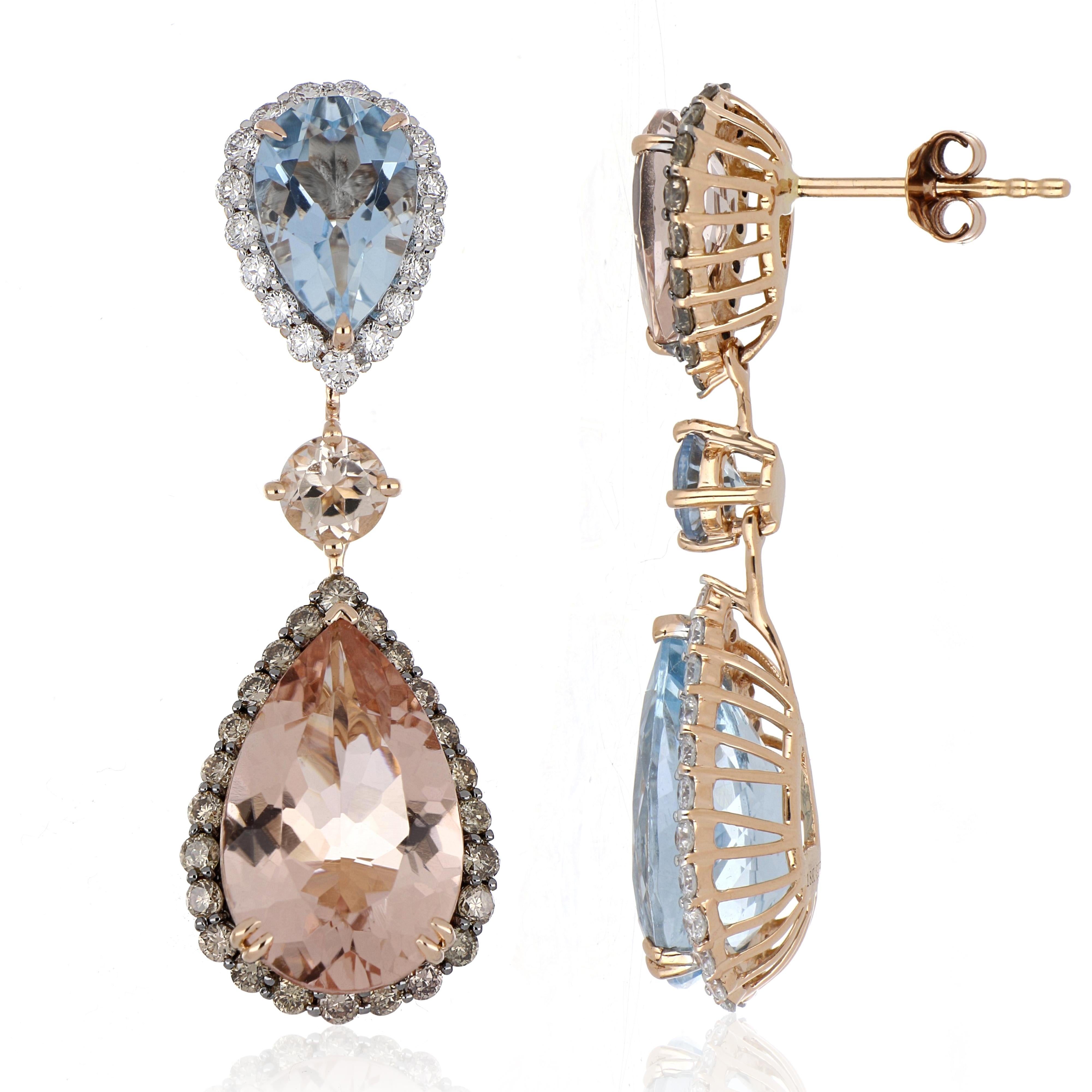 Elegant and Exquisitely detailed Mismatched Dangling Gold Earrings, set with 4.85 Ct (total ) Morganites,  5.20 Cts (total)  Aquamarine, accented with micro pave White and Chocolate Diamonds, weighing approx. 1.23 Cts. total carat weight.