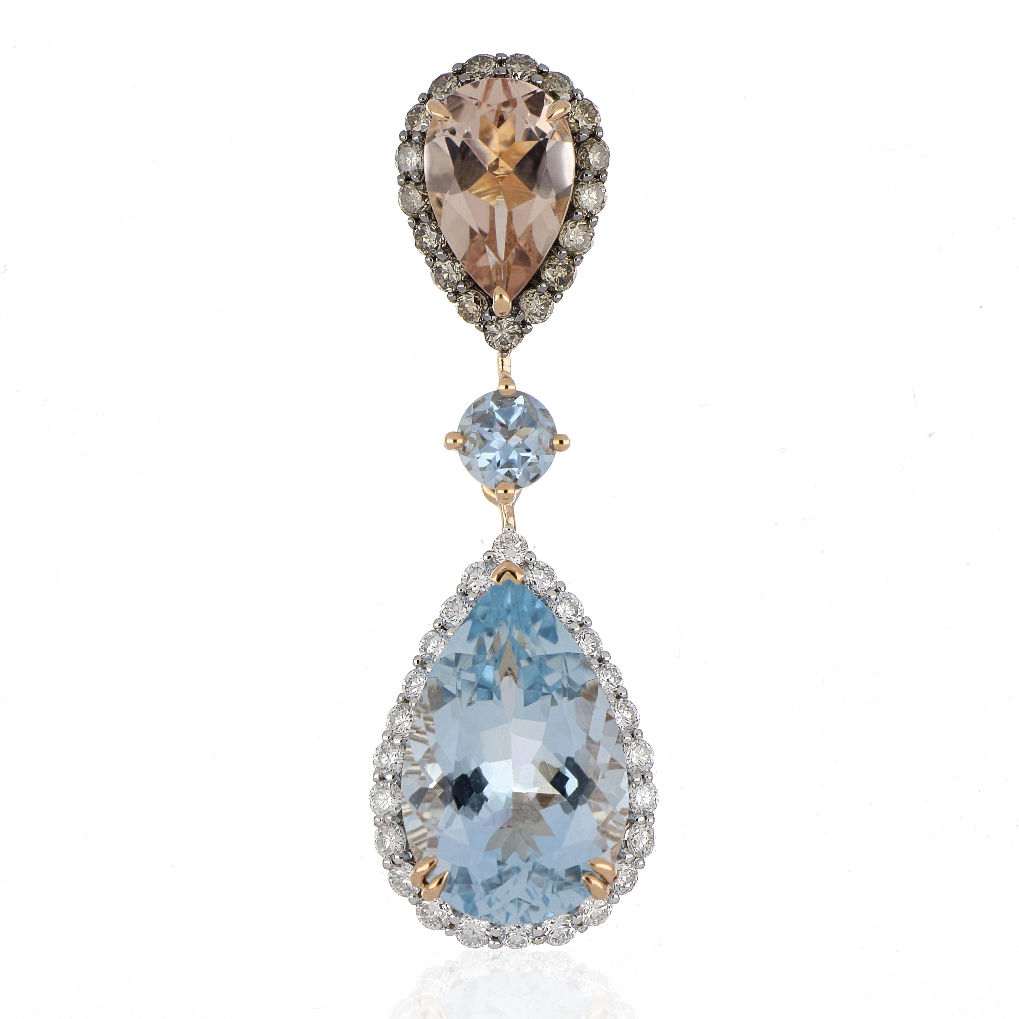 Contemporary 10 Carat Total Morganite and Aquamarine Earring with Diamonds in 18 Karat Gold For Sale