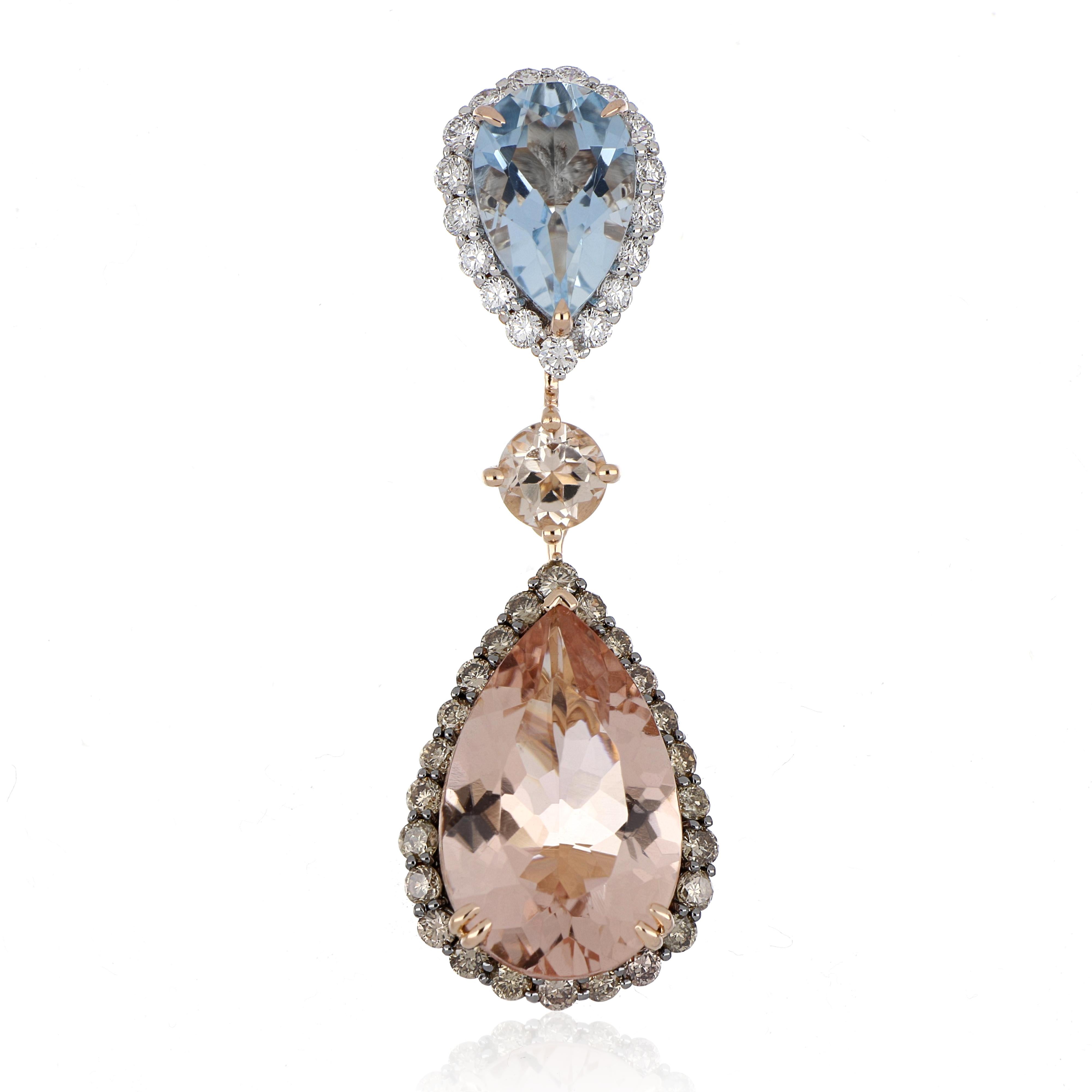 Pear Cut 10 Carat Total Morganite and Aquamarine Earring with Diamonds in 18 Karat Gold For Sale