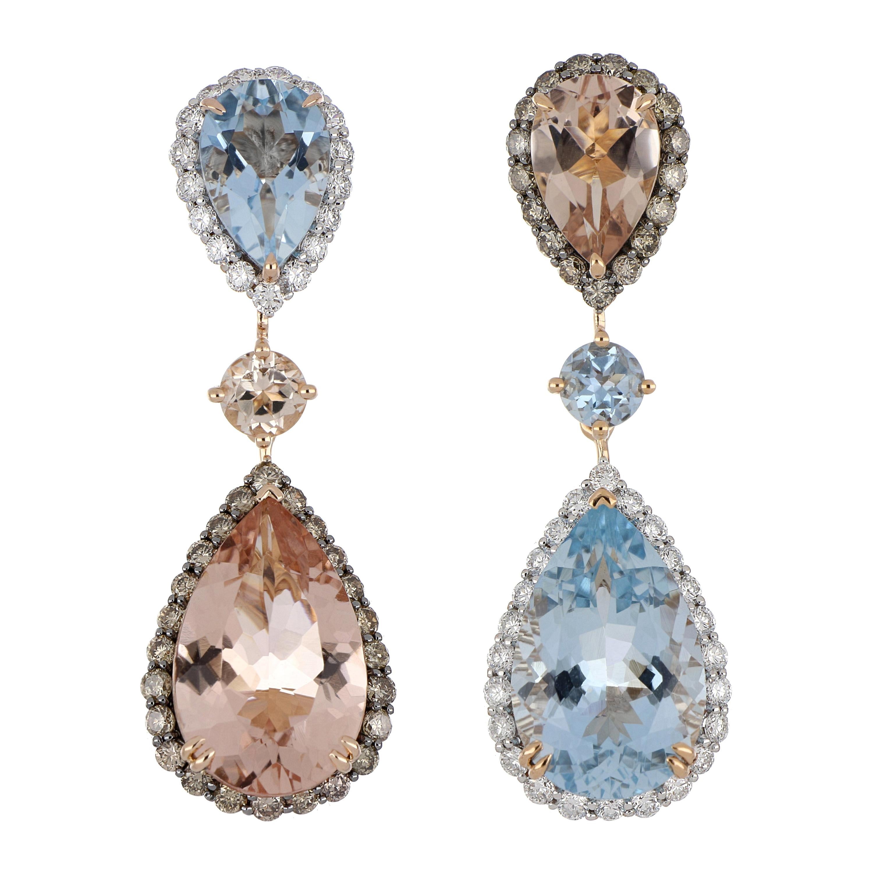 10 Carat Total Morganite and Aquamarine Earring with Diamonds in 18 Karat Gold For Sale