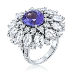 10 Carat Total Oval Purple Tanzanite & Diamond Cocktail Ring Set in 18K Gold
