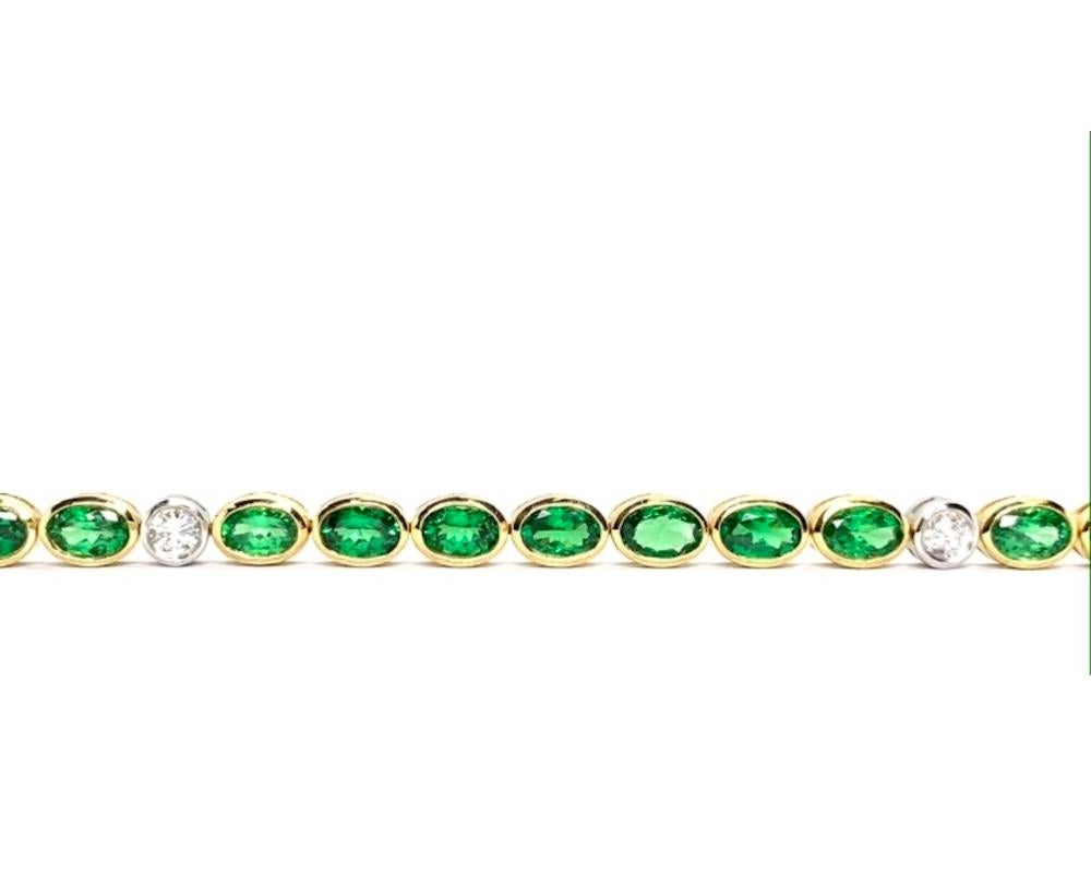 Artisan 10.06 Carat Total Tsavorite Garnet, Diamond, 2-Toned Gold Bezel Tennis Bracelet