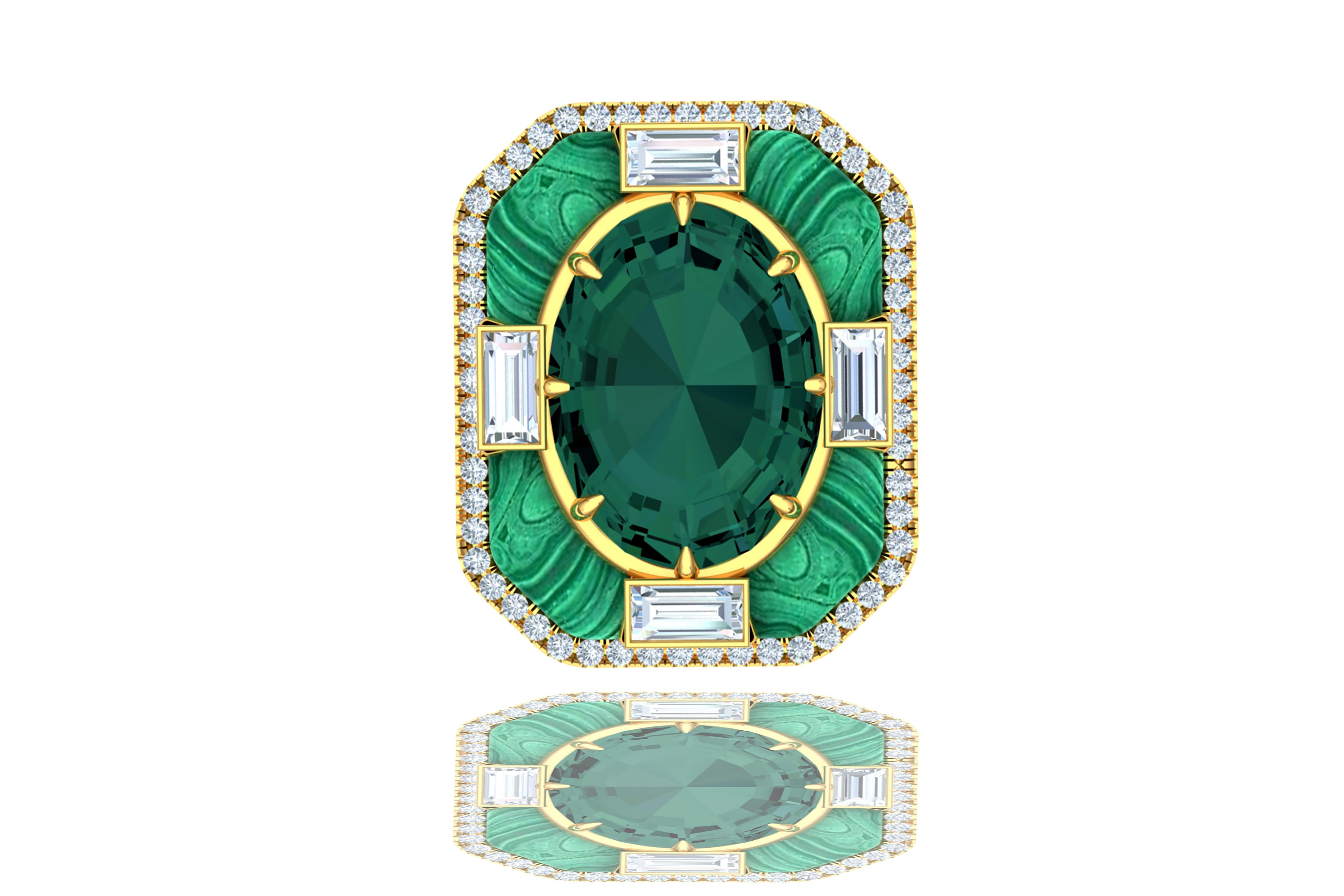 A stunning example of expertly crafted one a kind jewelry using stones that usually are not put together.  This ring displays a stunning oval cut tourmaline that's a perfect blue green color and SI clarity.  The center stone is complimented by