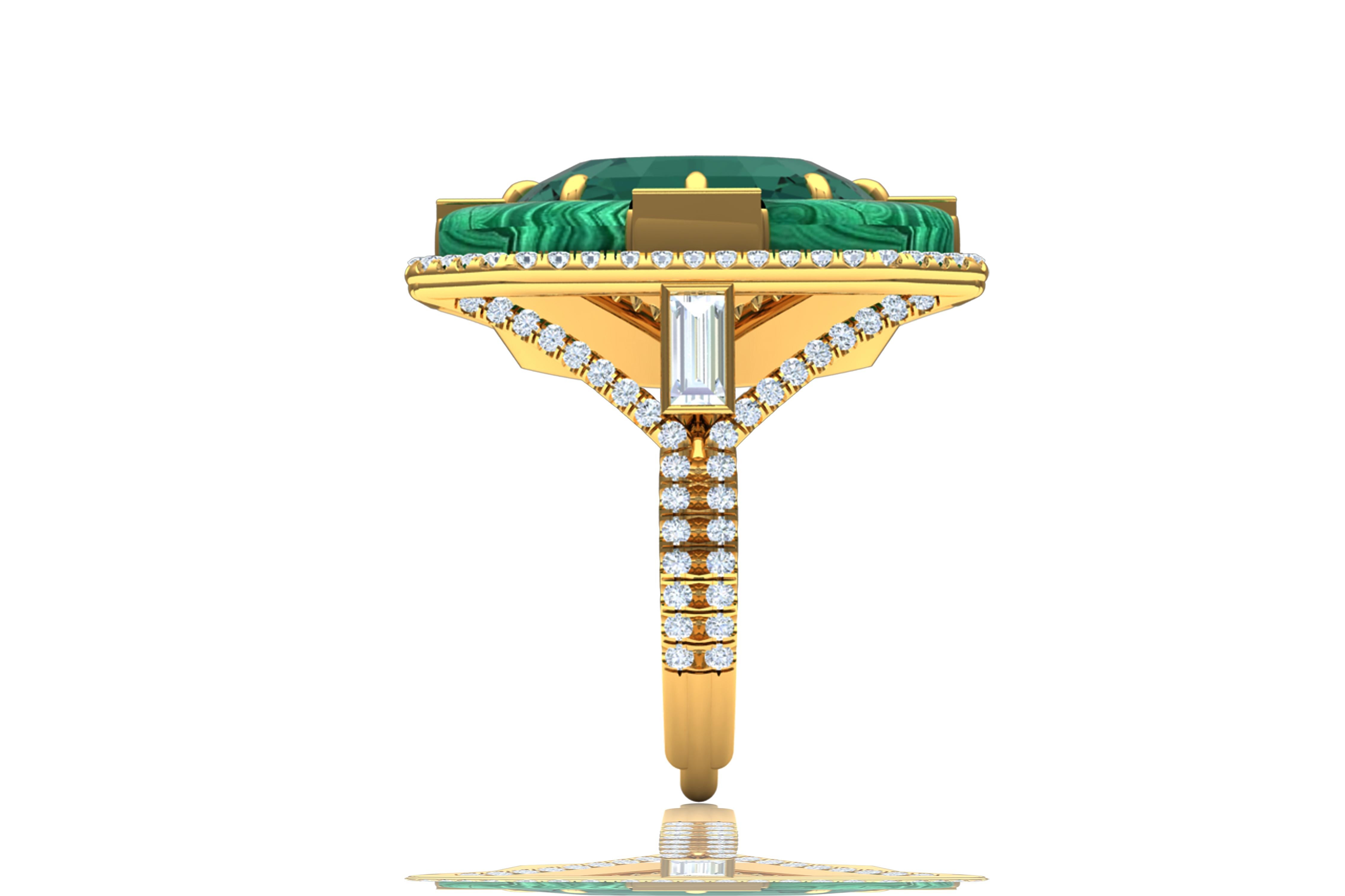 Modern 10 Carat Tourmaline and Malachite Diamond Cocktail Ring For Sale