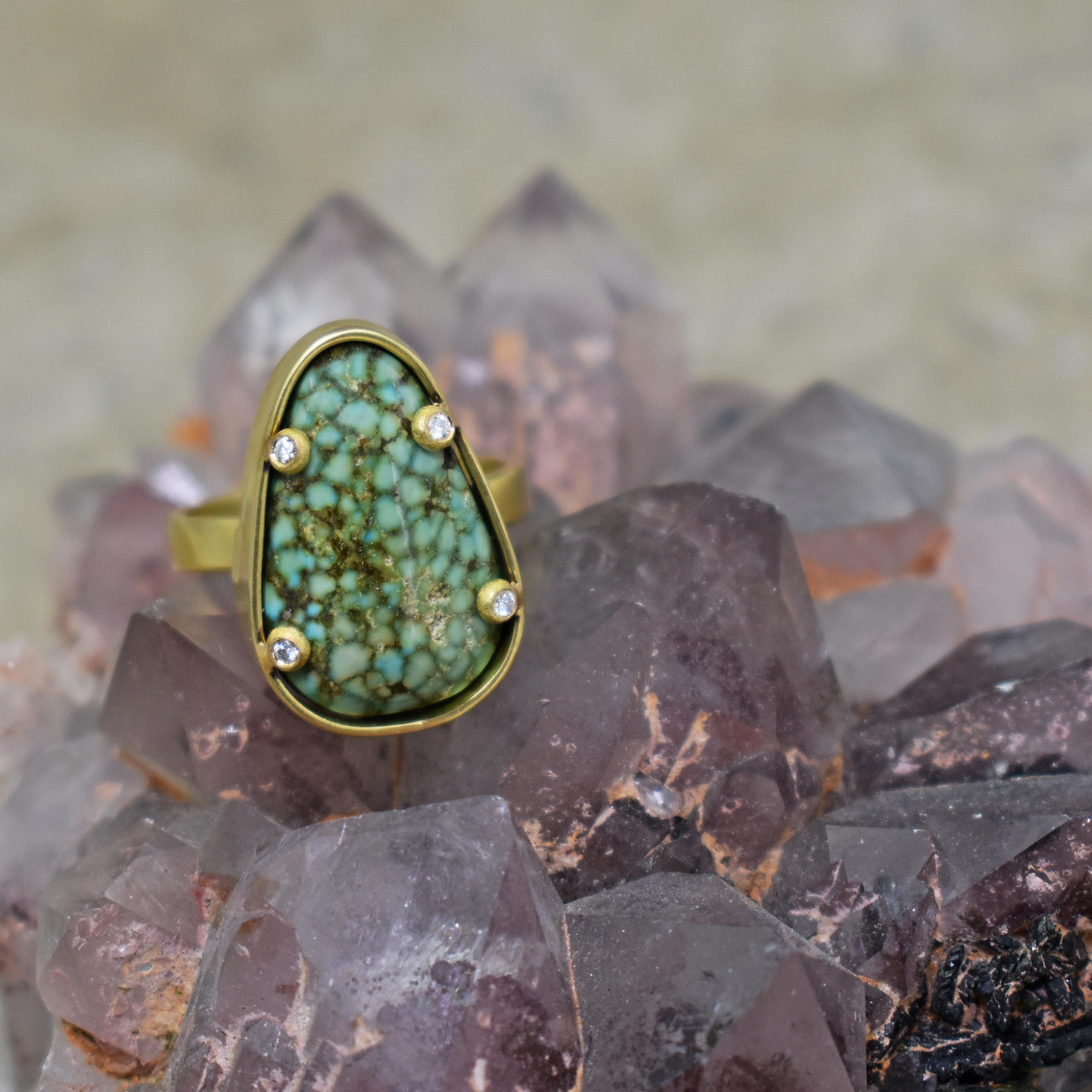 10 carat Turquoise Mountain cabochon with accent white Diamonds 18k yellow gold cocktail ring. Ring band is 3mm wide and ring is size 6. Gorgeous Turquoise gemstone with beautiful color and matrix in this contemporary, handmade ring. 