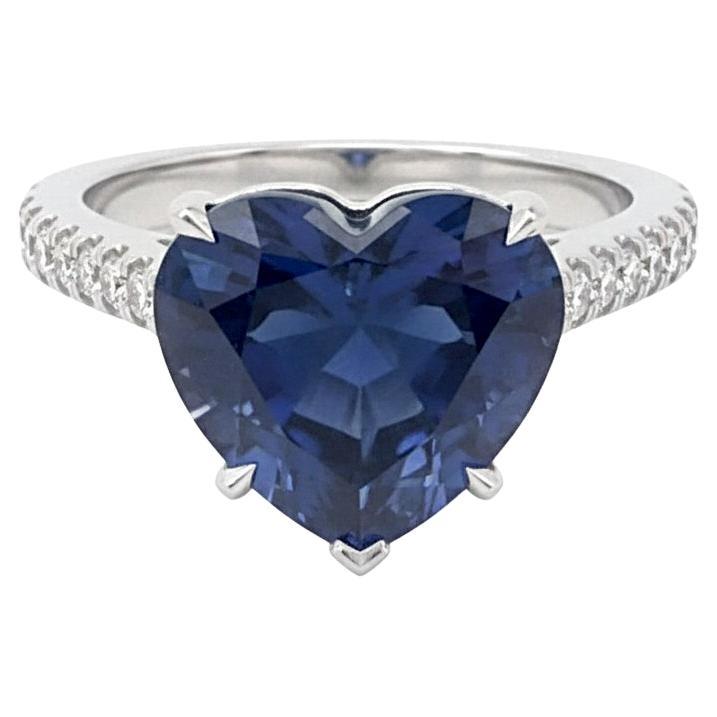 Bague en platine 10 carats saphir bleu diamant en forme de coeur non chauffé