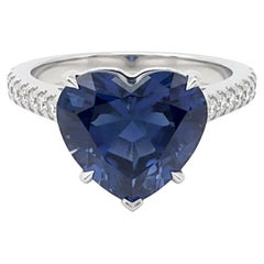 Bague en platine 10 carats saphir bleu diamant en forme de coeur non chauffé