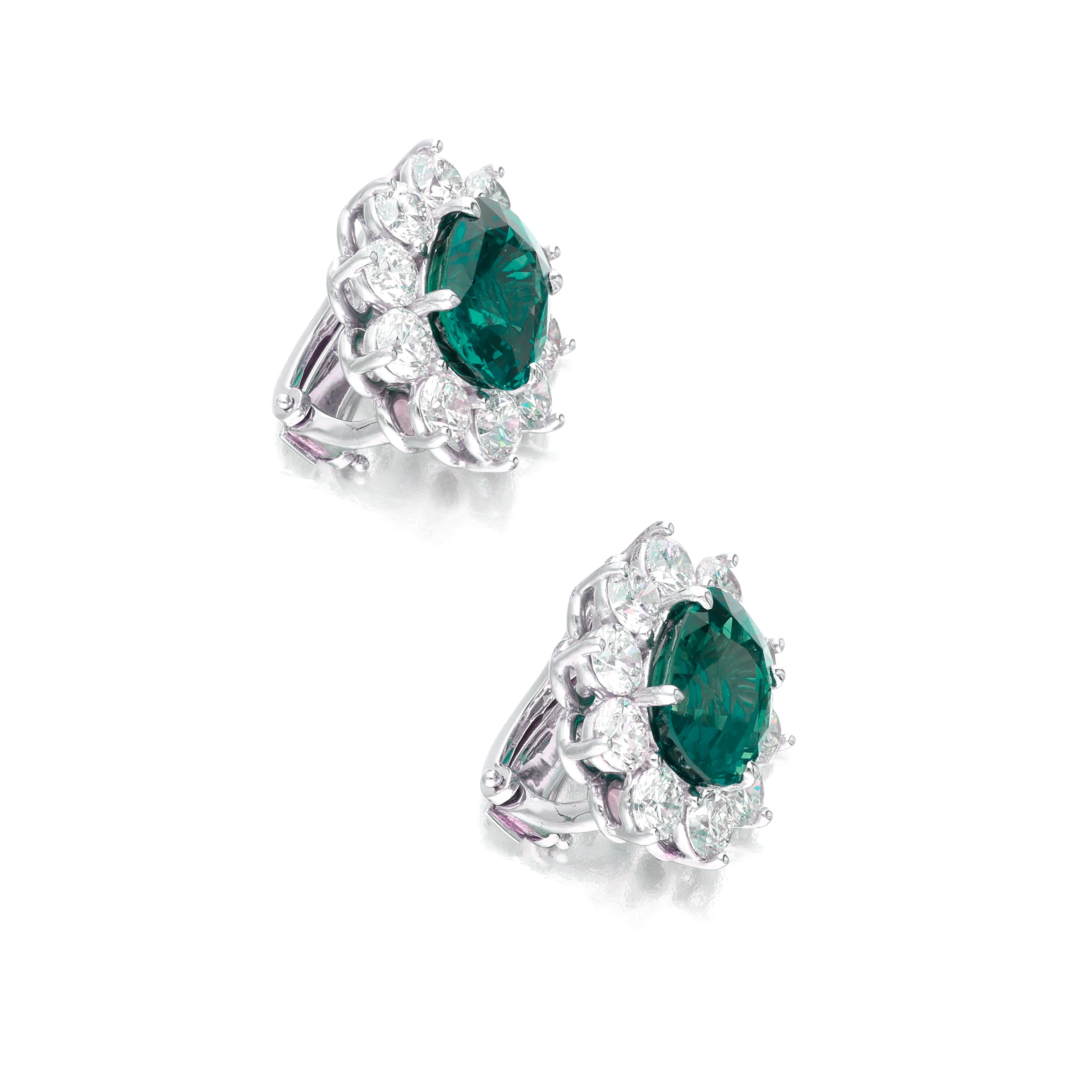 Oval Cut 10  Carat VIVID Green Emeralds Diamond Earrings For Sale