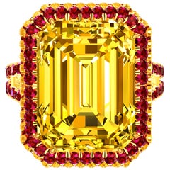 10 Carat Yellow Sapphire Emerald Cut and Ruby Ring