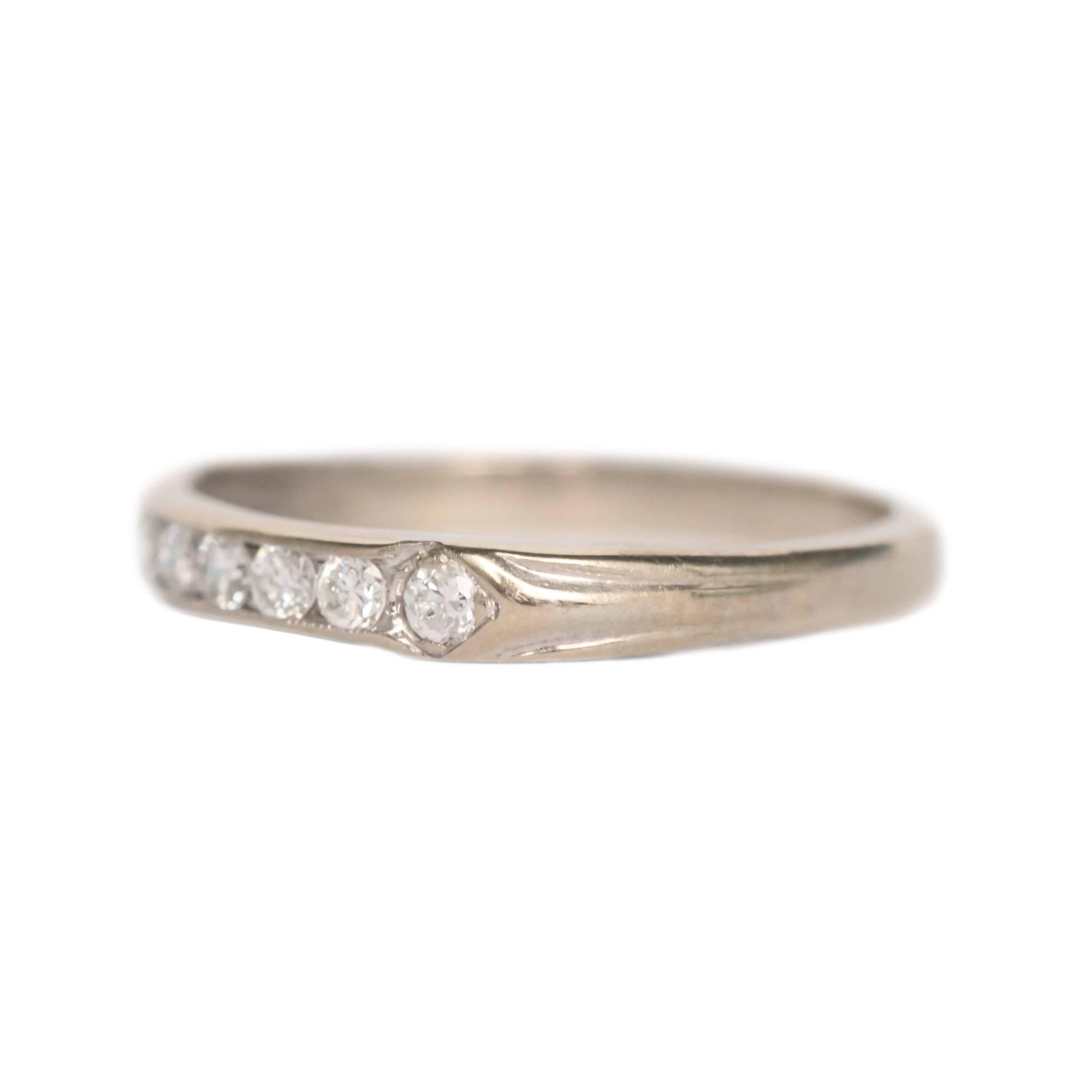 Item Details: 
Ring Size: Approximately 4.40
Metal Type: Platinum
Weight: 1.4 grams

Diamond Details:
Shape: Antique Single Cut
Carat Weight: .10 carat, total weight
Color: E
Clarity: VS1

Width of band: 2.29 mm
Finger to Top of Stone Measurement: