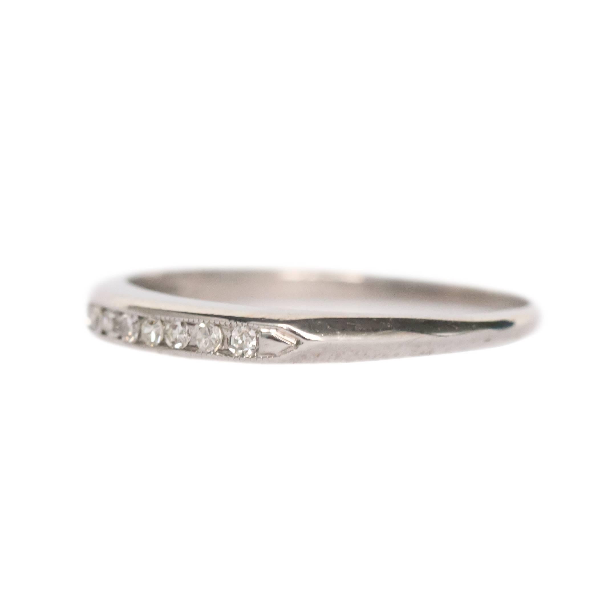 Item Details: 
Ring Size: 6.5
Metal Type: Platinum
Weight: 2.4 grams

Diamond Details:
Shape: Antique Single Cut
Carat Weight: .10 carat, total weight
Color: E
Clarity: VS1

Finger to Top of Stone Measurement: 2.10mm
