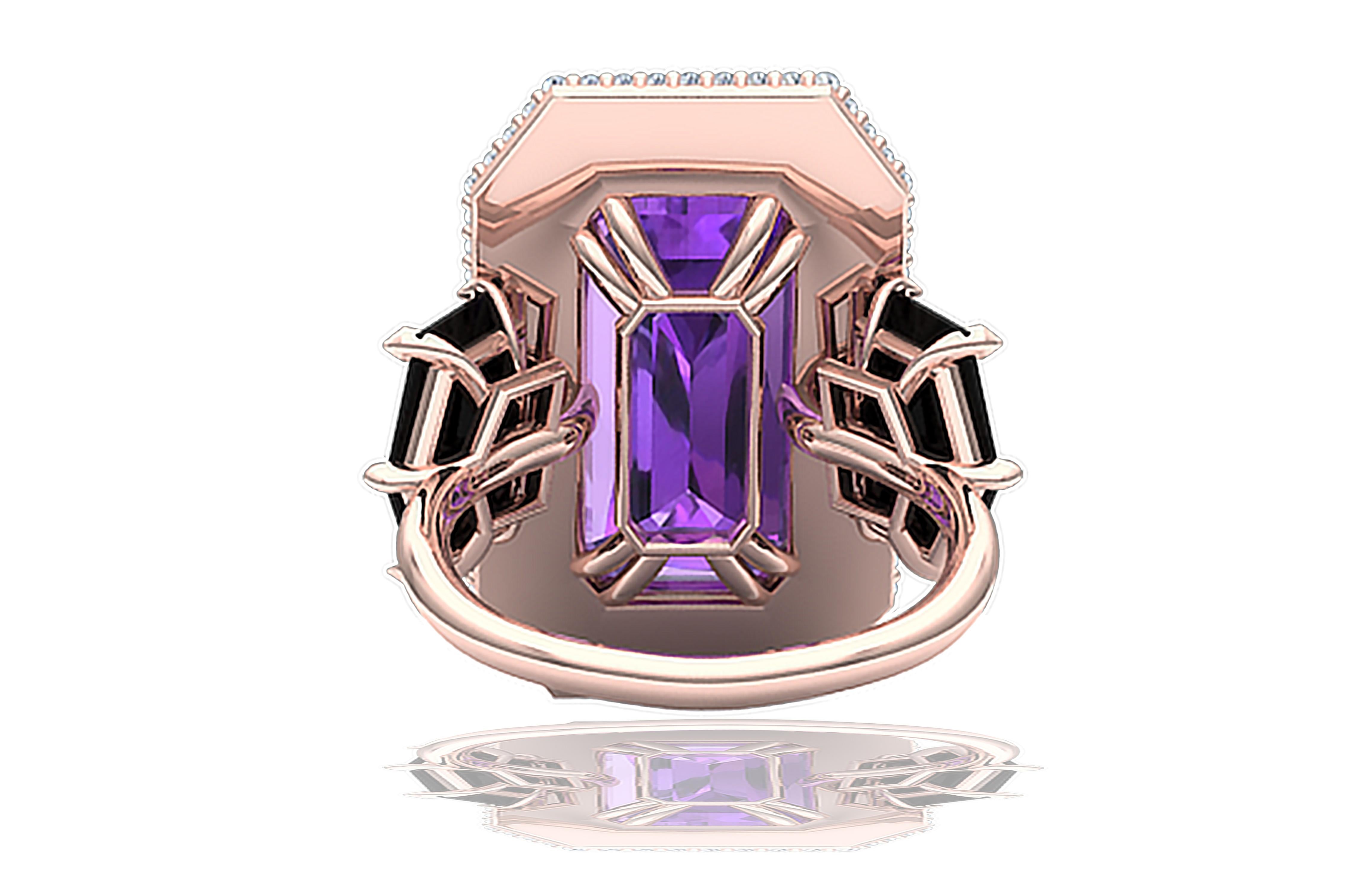 Modern 10 Carat Amethyst Onyx Diamond and Enamel Rose Gold Cocktail Ring For Sale