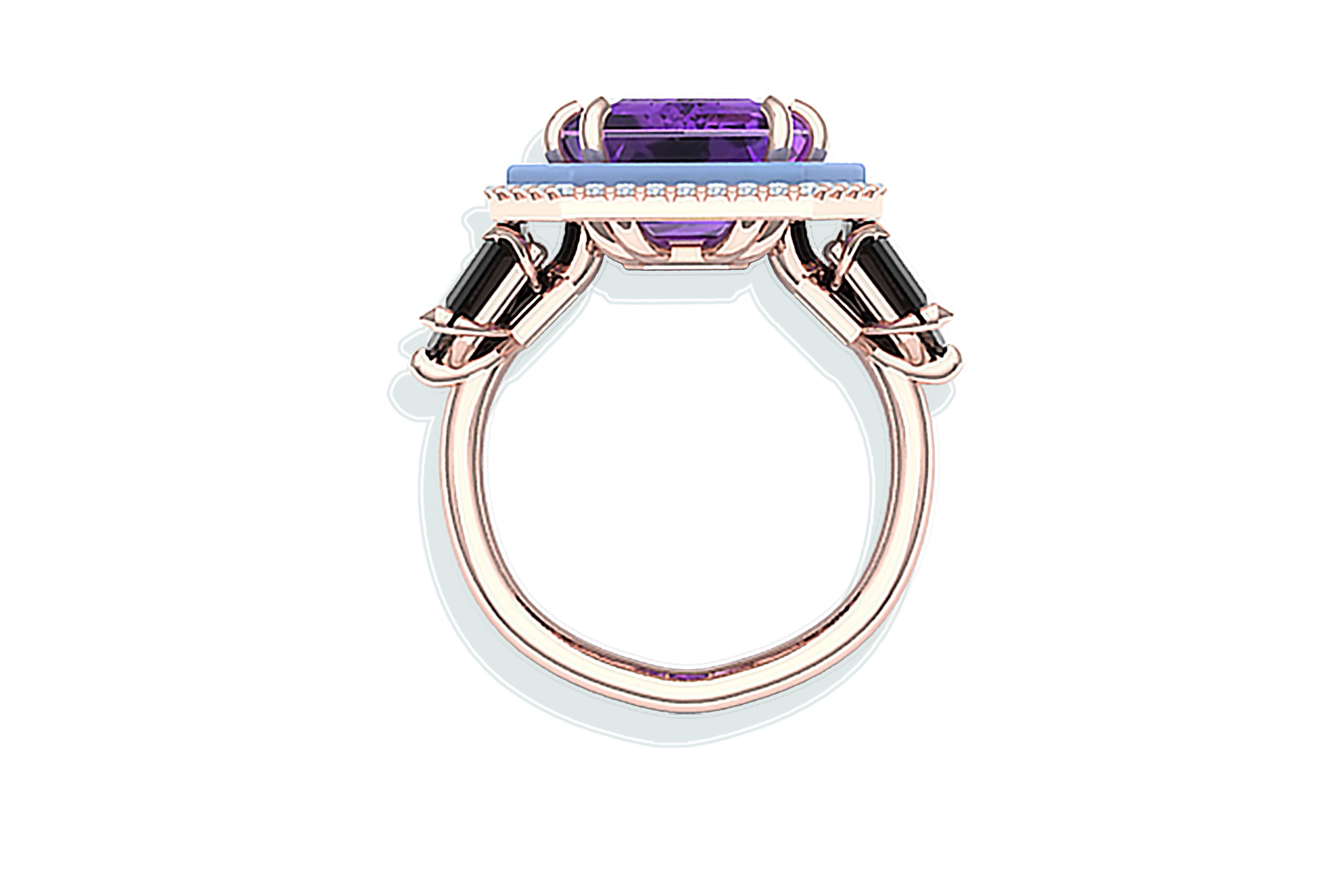 Emerald Cut 10 Carat Amethyst Onyx Diamond and Enamel Rose Gold Cocktail Ring For Sale