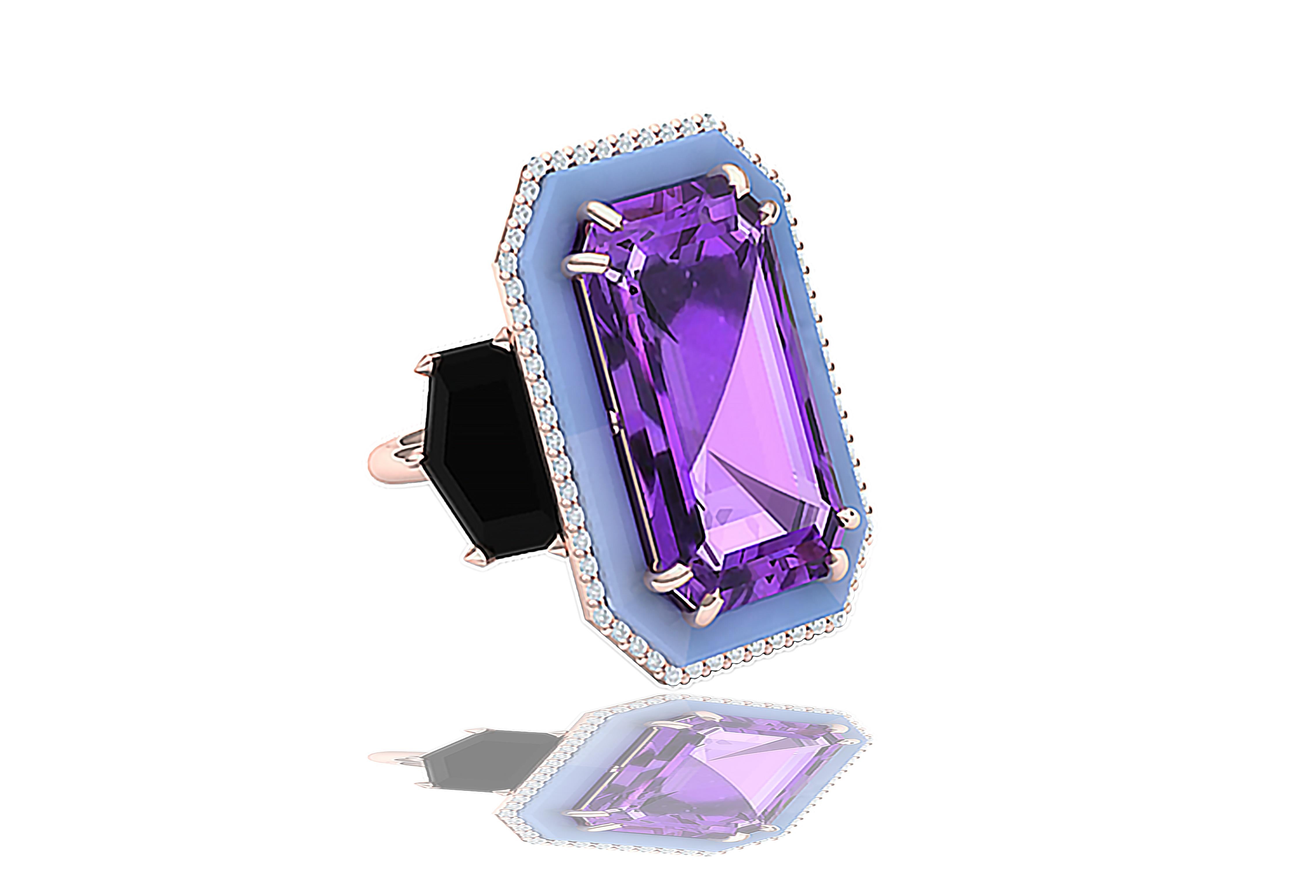 10 Carat Amethyst Onyx Diamond and Enamel Rose Gold Cocktail Ring In Excellent Condition For Sale In Aliso Viejo, CA