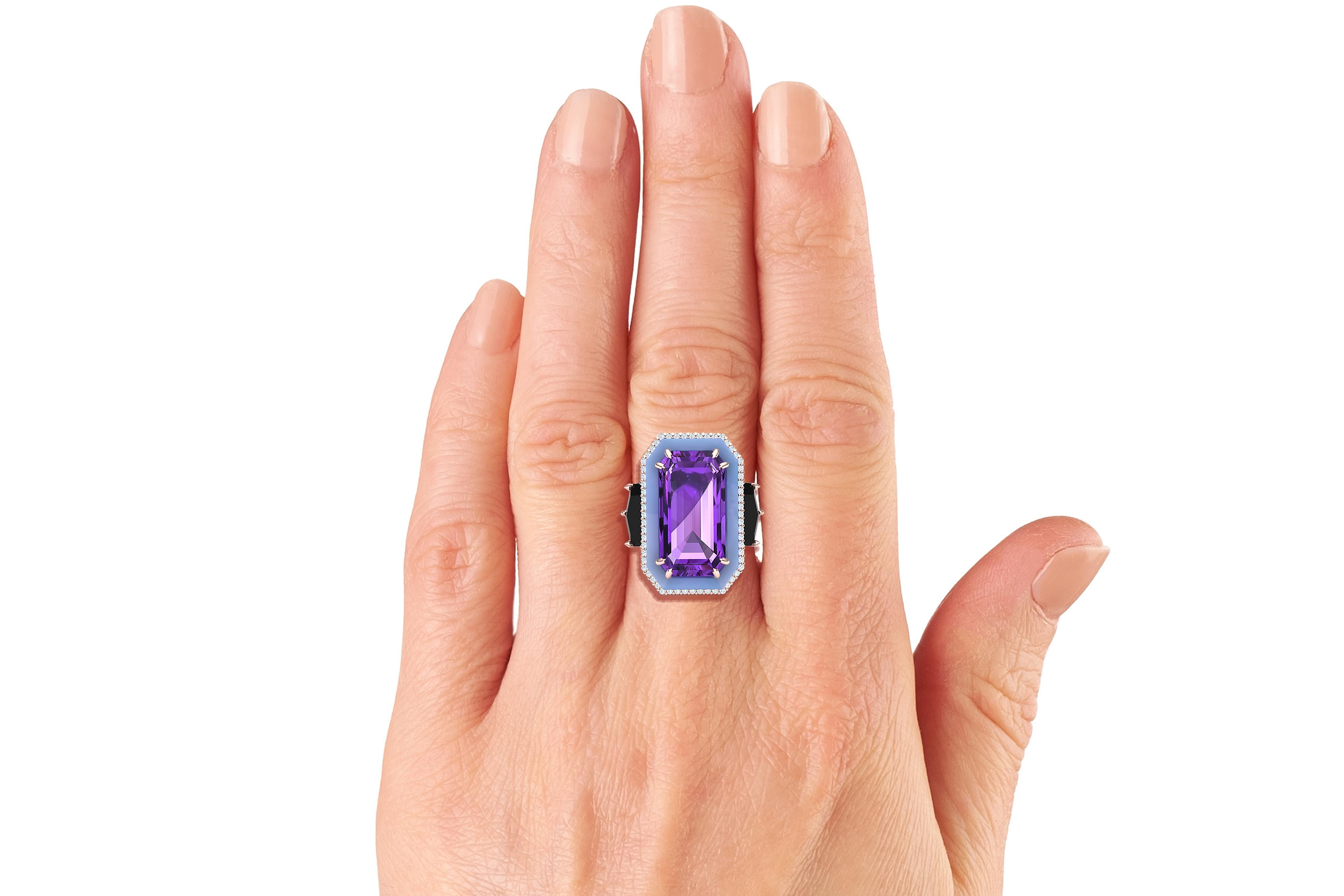 Women's or Men's 10 Carat Amethyst Onyx Diamond and Enamel Rose Gold Cocktail Ring For Sale