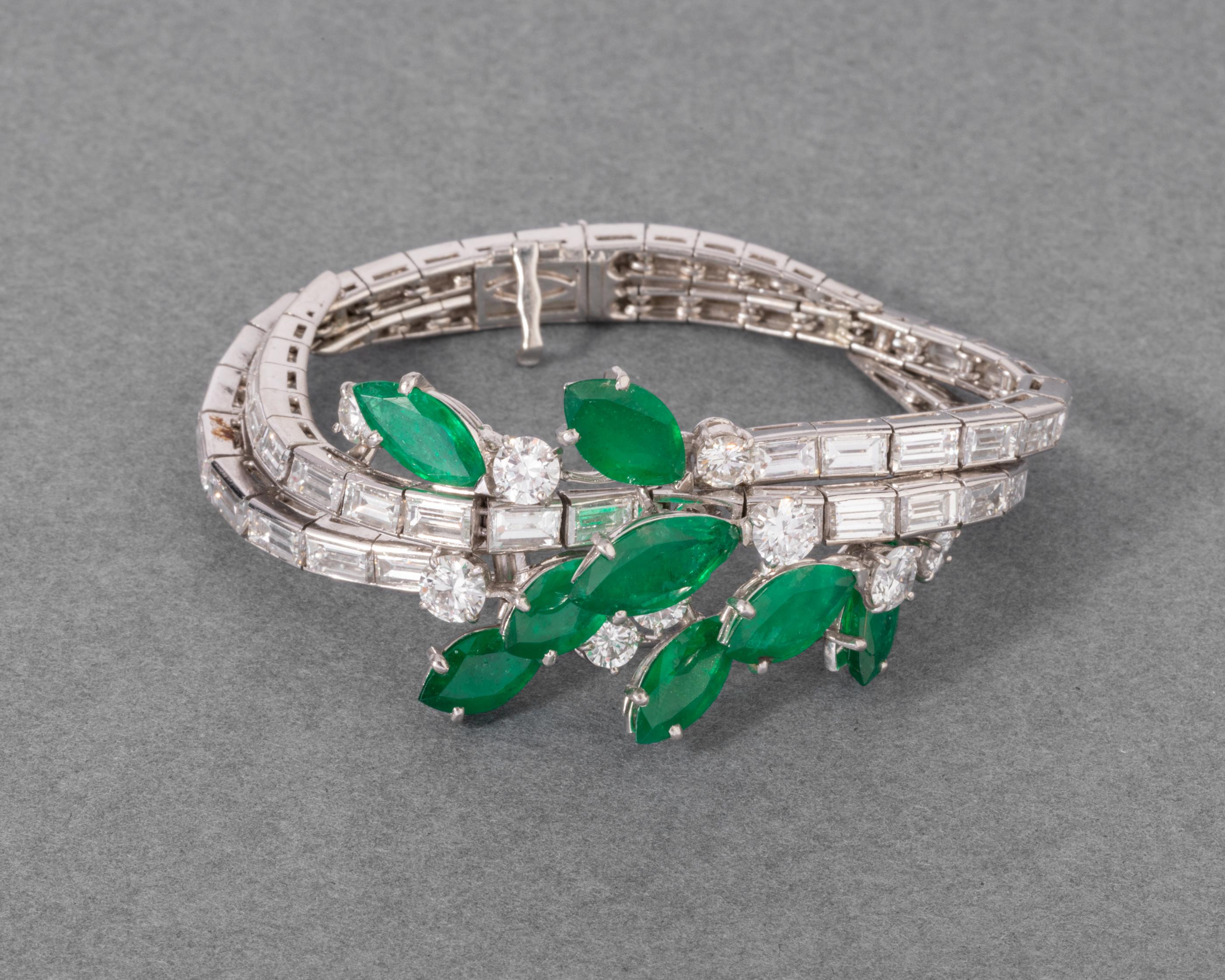 10 Carats Diamonds and 10 Carats Emeralds French Vintage Bracelet In Good Condition For Sale In Saint-Ouen, FR