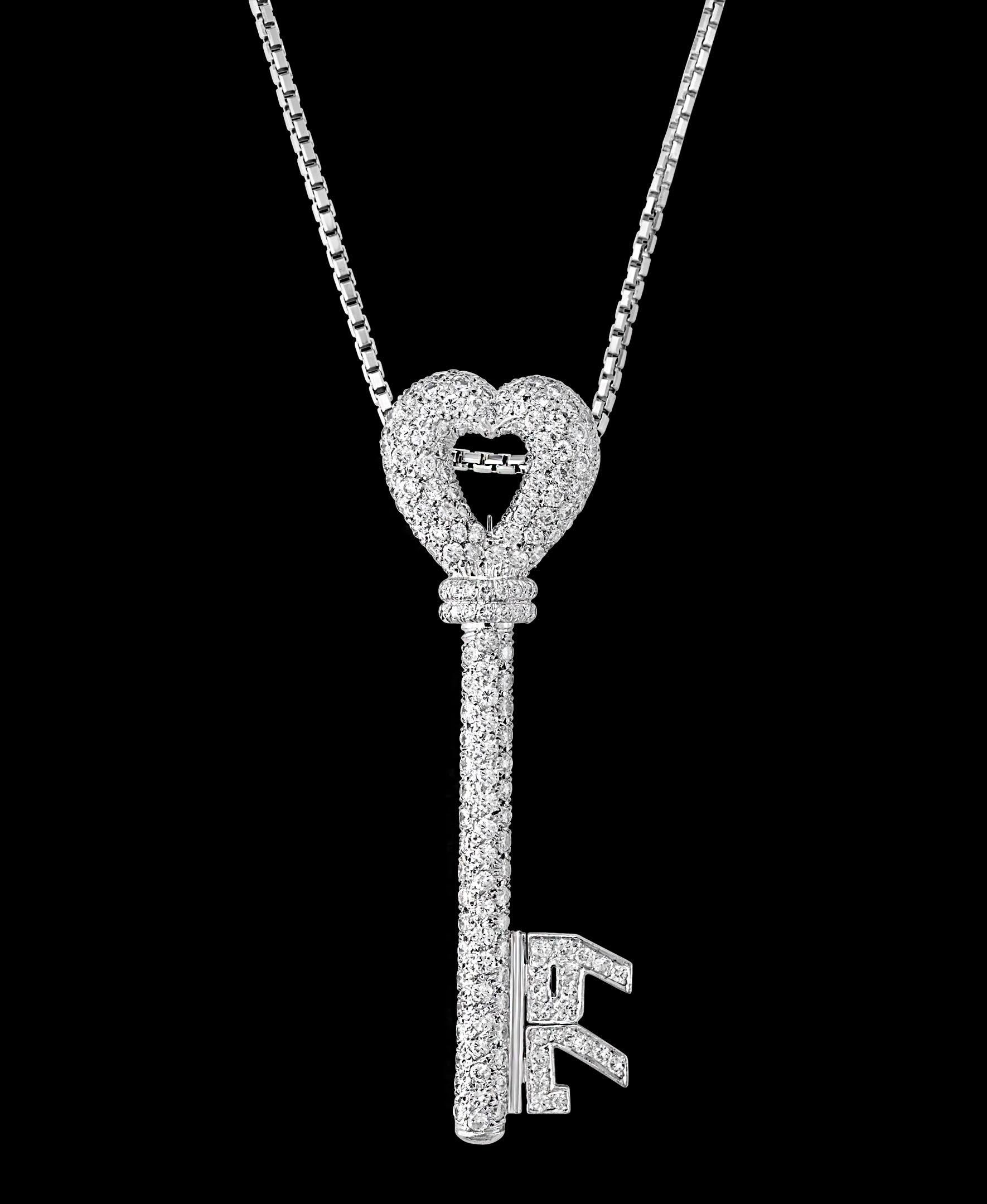 10 Carats Diamonds Key Necklace / Pin 18 Karat White Gold  Designer Balestra
Amazing Key Necklace with 10 Carat brilliant round diamonds ,
It comes with a heavy 18 Karat white gold chain
This key can be used as a pin too.
79 digits are filled with
