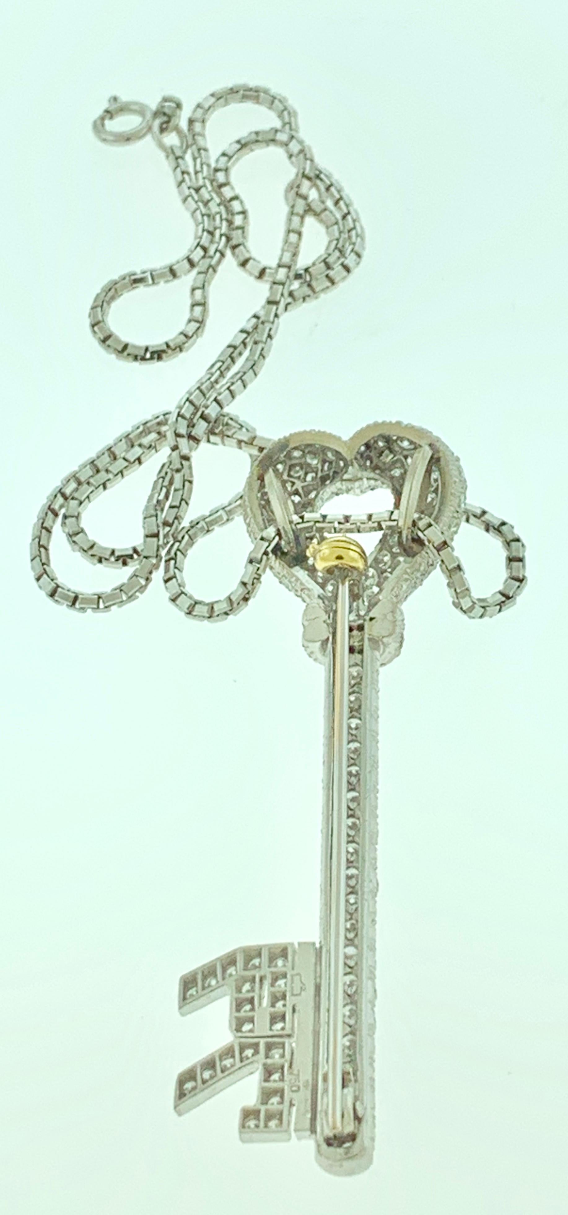 Round Cut 10 Carat Diamonds Key Necklace / Pin 18 Karat White Gold Designer Balestra