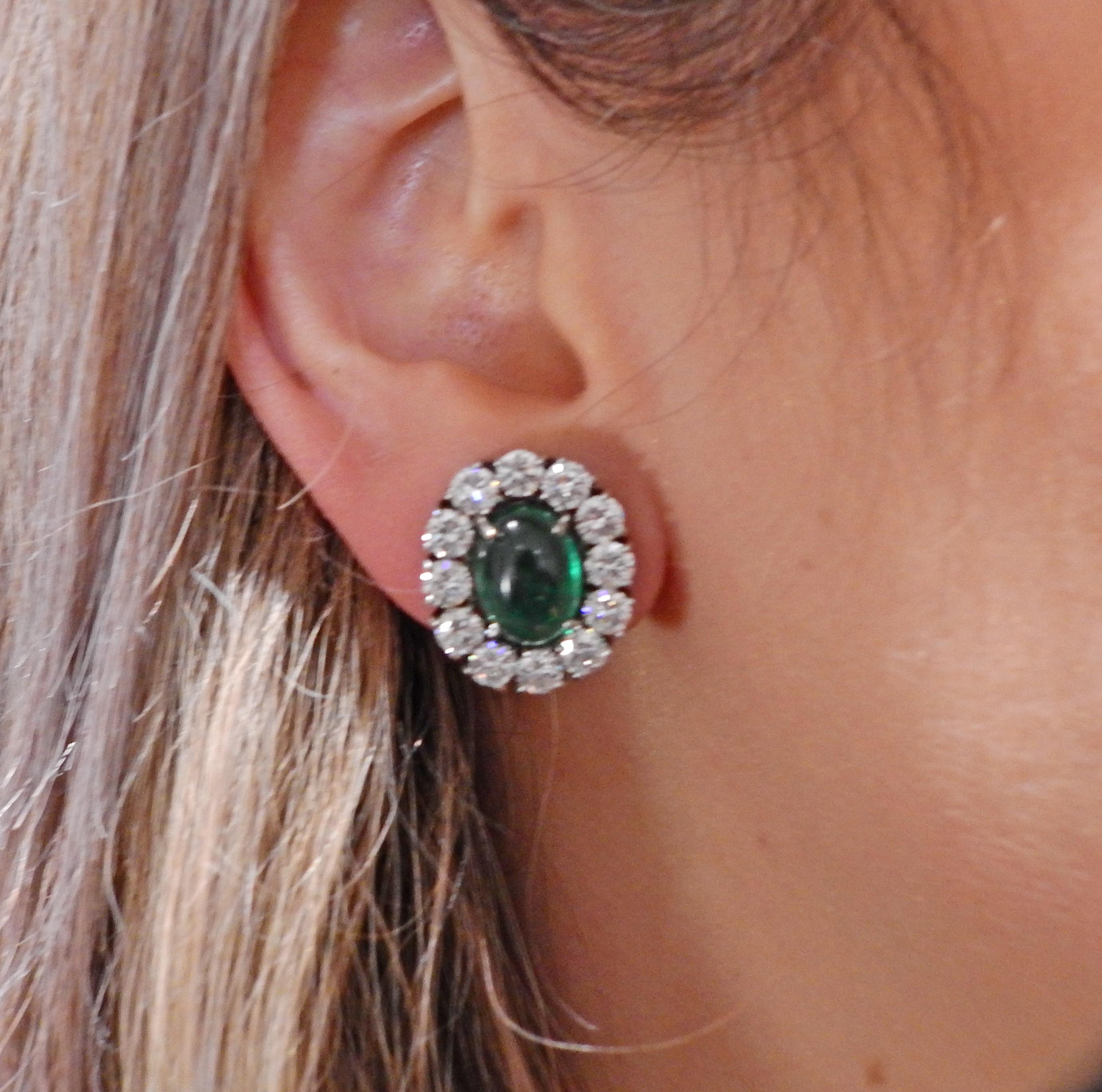 12 Carat Emerald Cabochon Diamond Gold Cocktail Earrings In Excellent Condition For Sale In New York, NY