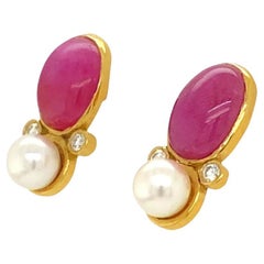 10 + Carats Star Rubies, Pearls, and Diamond Yellow Gold Earrings