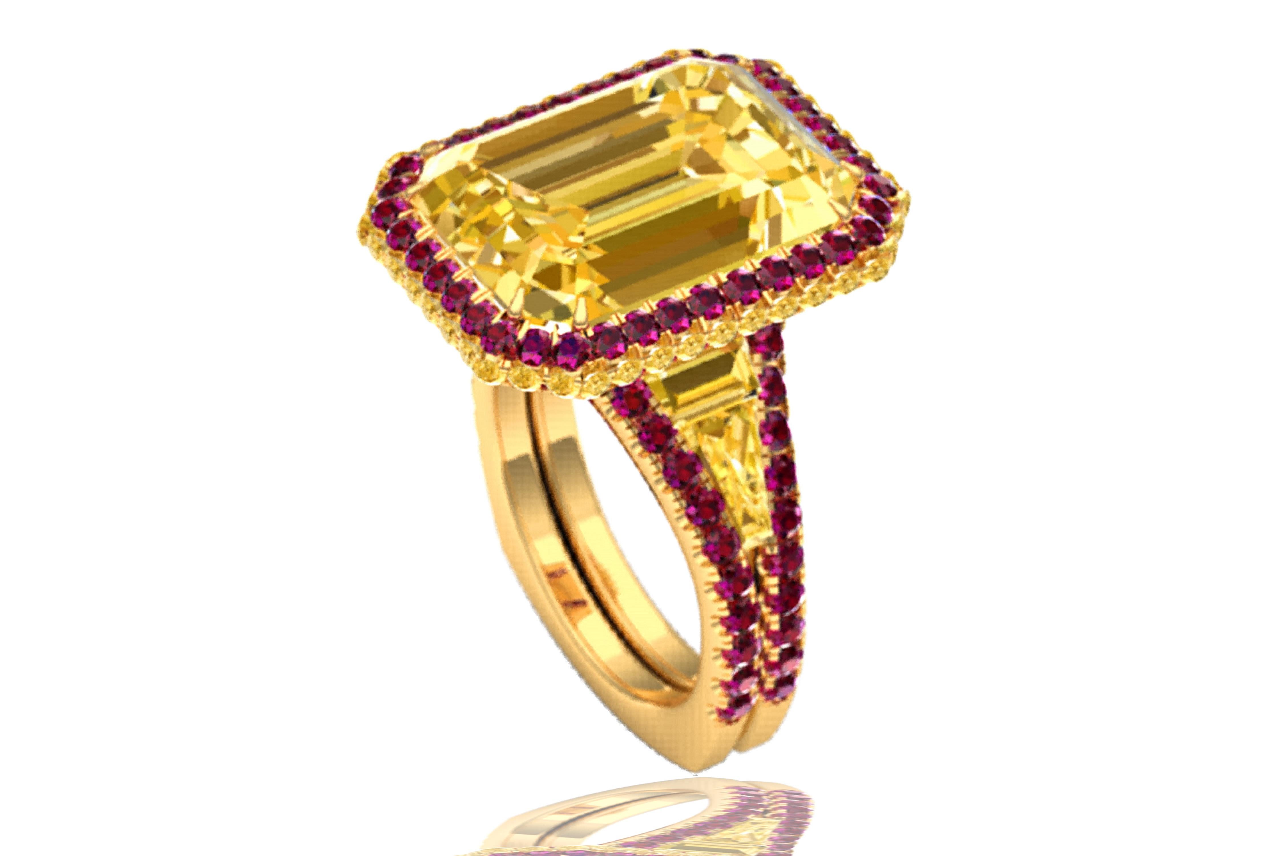This unique and captivating ring is made up of a rare 7 carat yellow sapphire which has a gorgeous rich golden yellow color and eye clean clarity.  The center stone is complimented by .50 carats of round rich yellow diamonds that have a intense