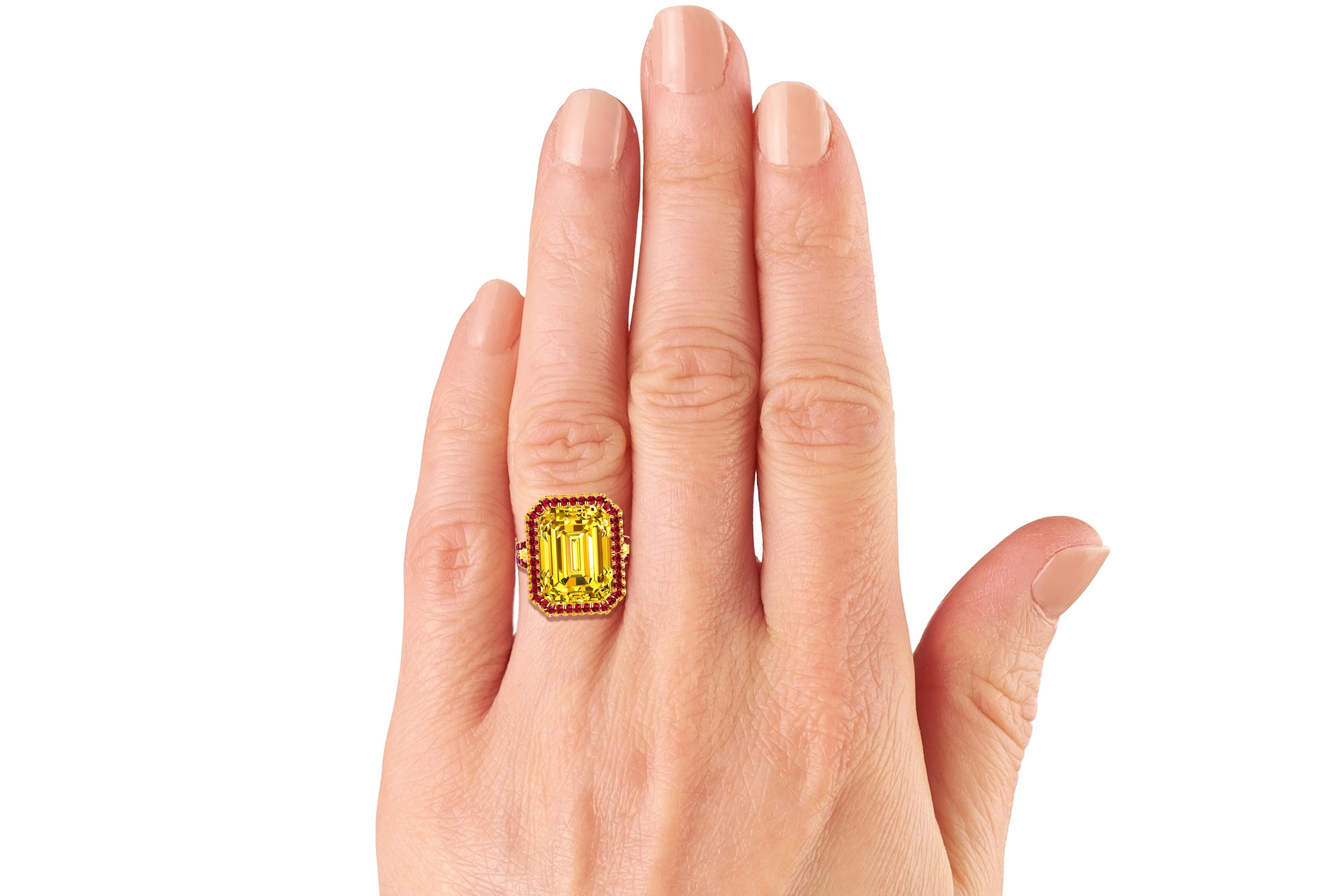Modern 10 Carat Yellow Sapphire Emerald Cut and Ruby Ring For Sale