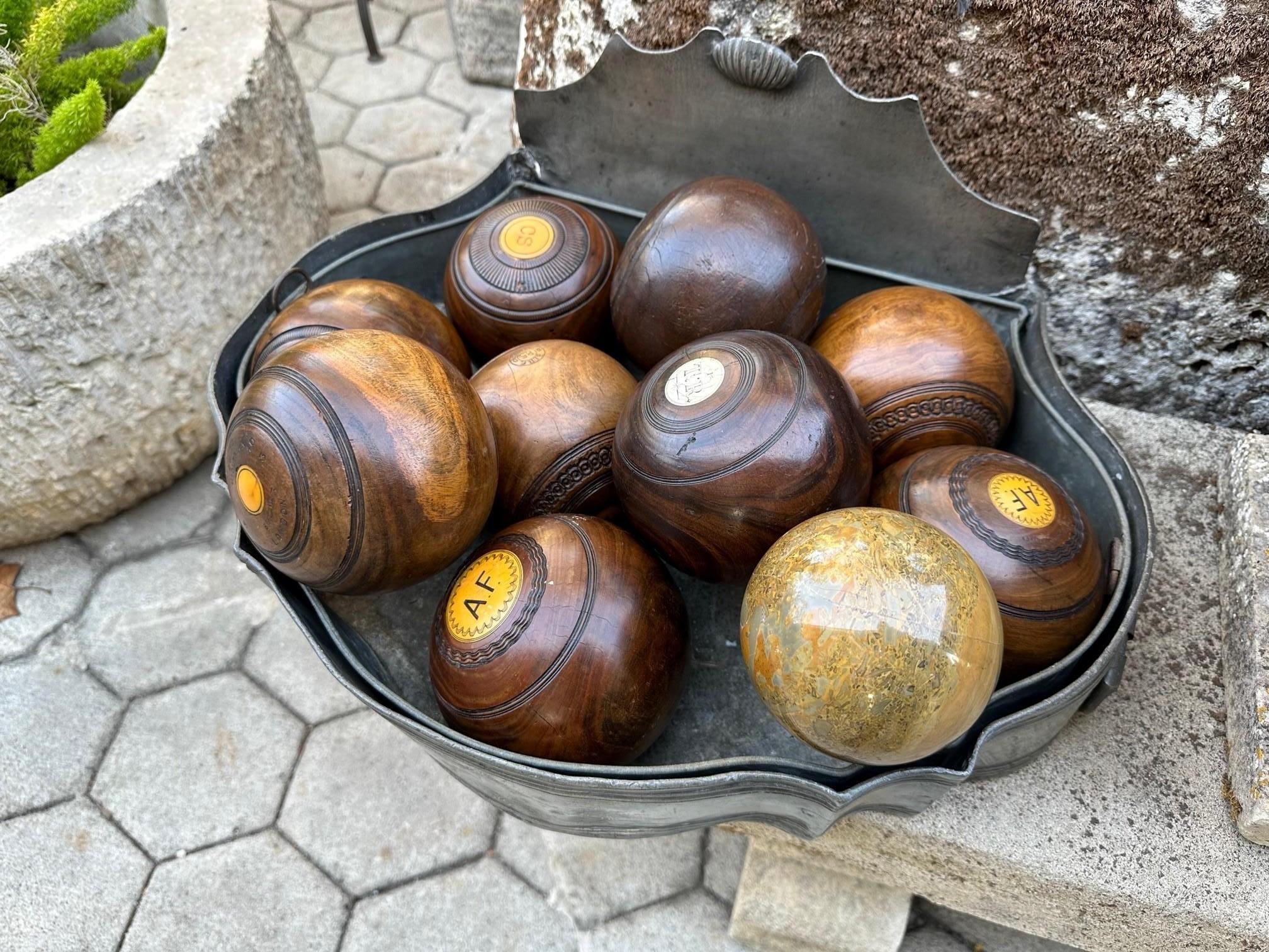 10 Carpet Lawn Bowling Hand Carved Wood & Stone Balls Antique Office Gift Idea For Sale 3