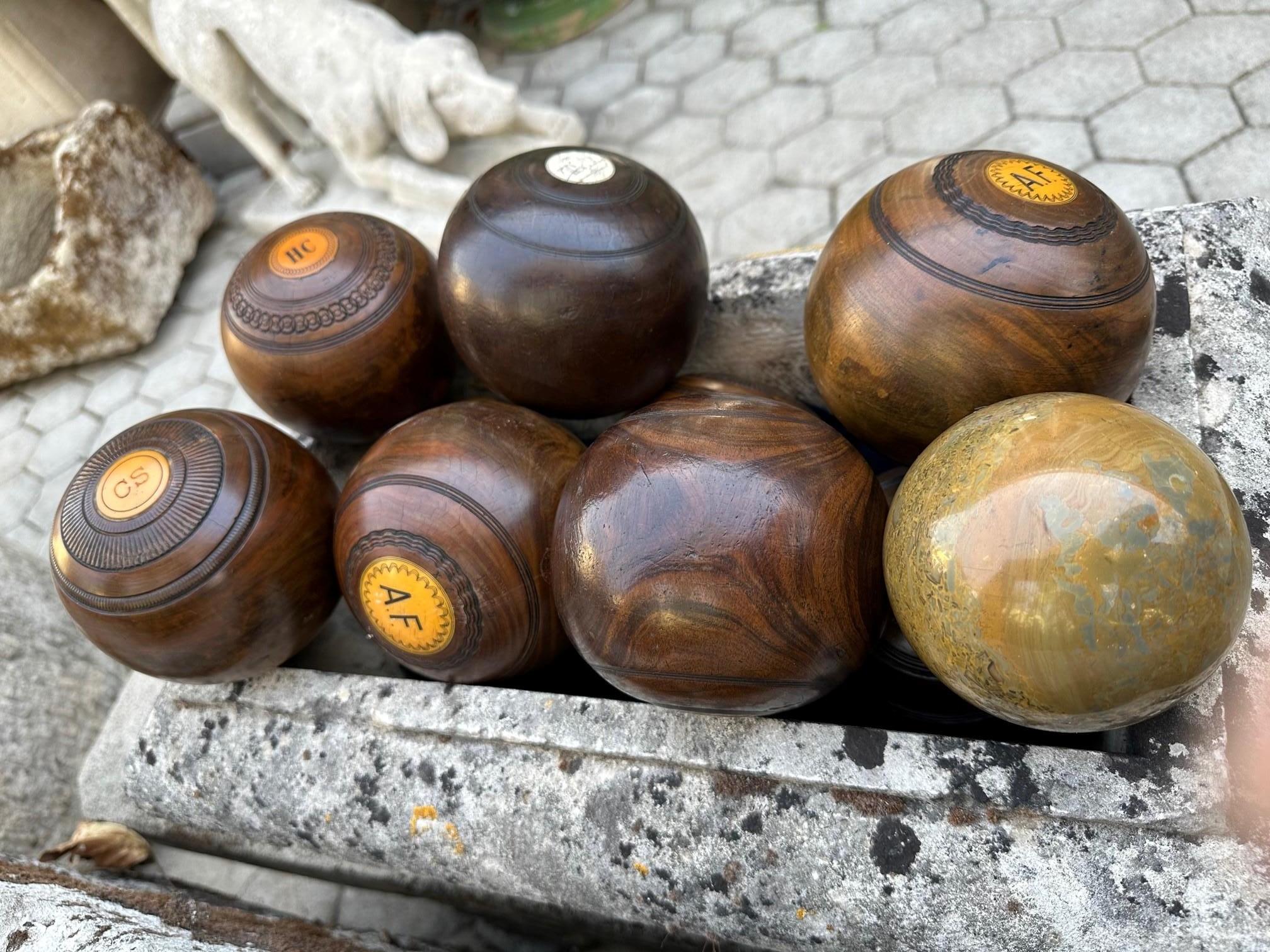 10 Carpet Lawn Bowling Hand Carved Wood & Stone Balls Antique Office Gift Idea For Sale 9
