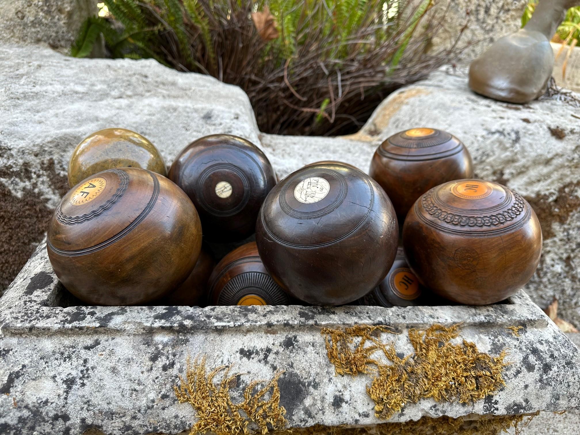 10 Carpet Lawn Bowling Hand Carved Wood & Stone Balls Antique Office Gift Idea For Sale 10
