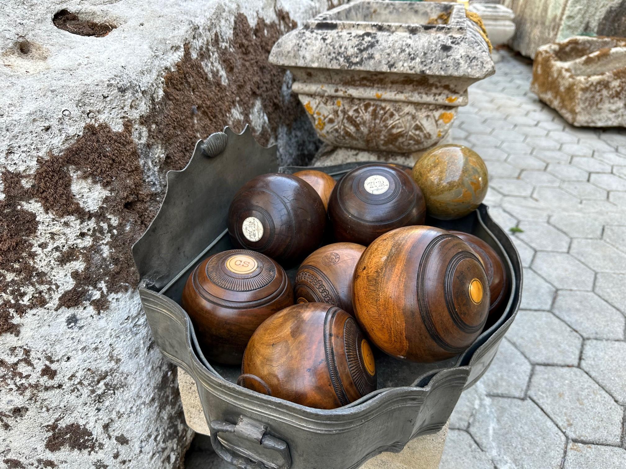 10 Carpet Lawn Bowling Hand Carved Wood & Stone Balls Antique Office Gift Idea In Good Condition For Sale In West Hollywood, CA