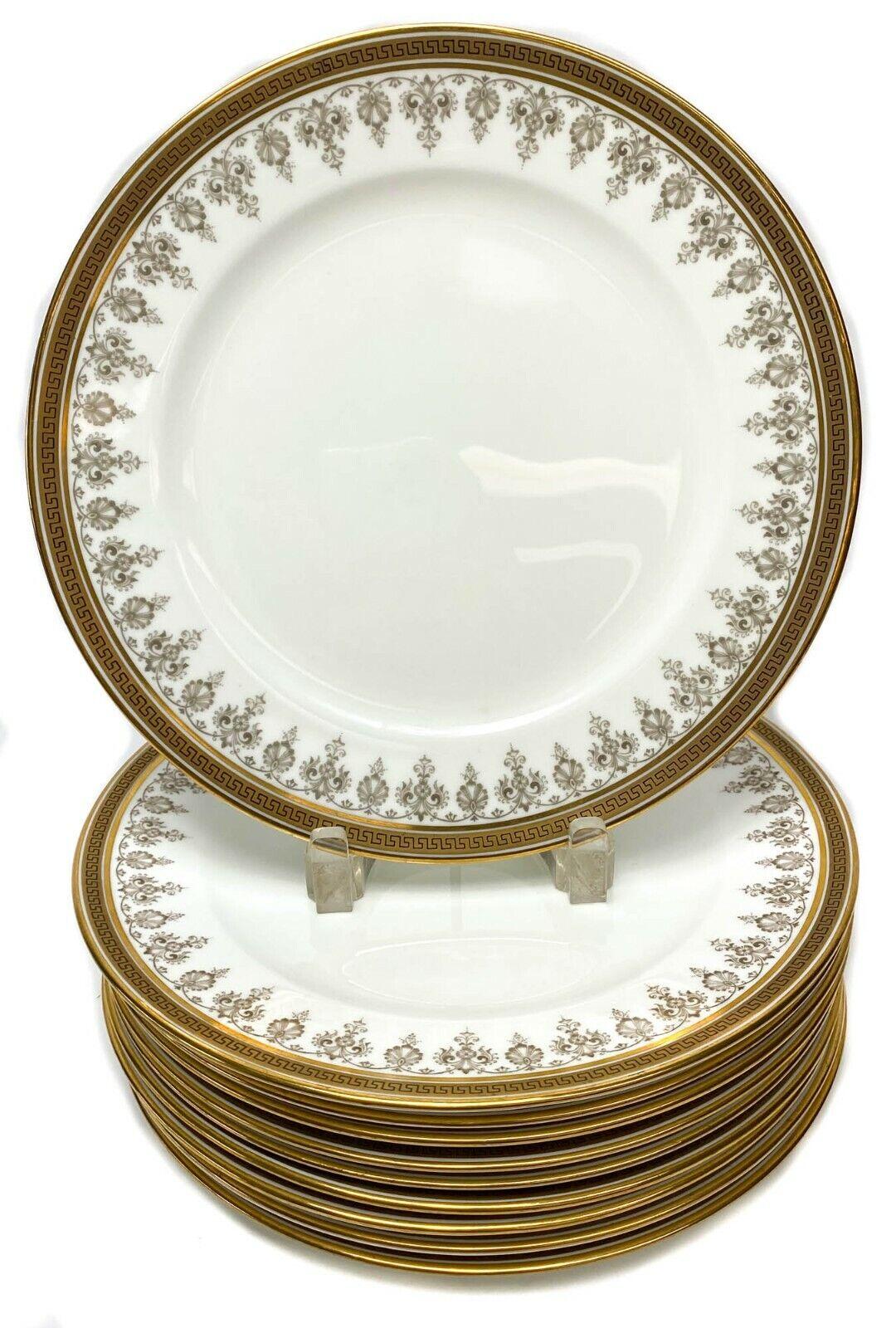 20th Century 10 Cauldon for Tiffany & Co. Dinner Plates Gilt & Brown Greek Key Border, c 1910