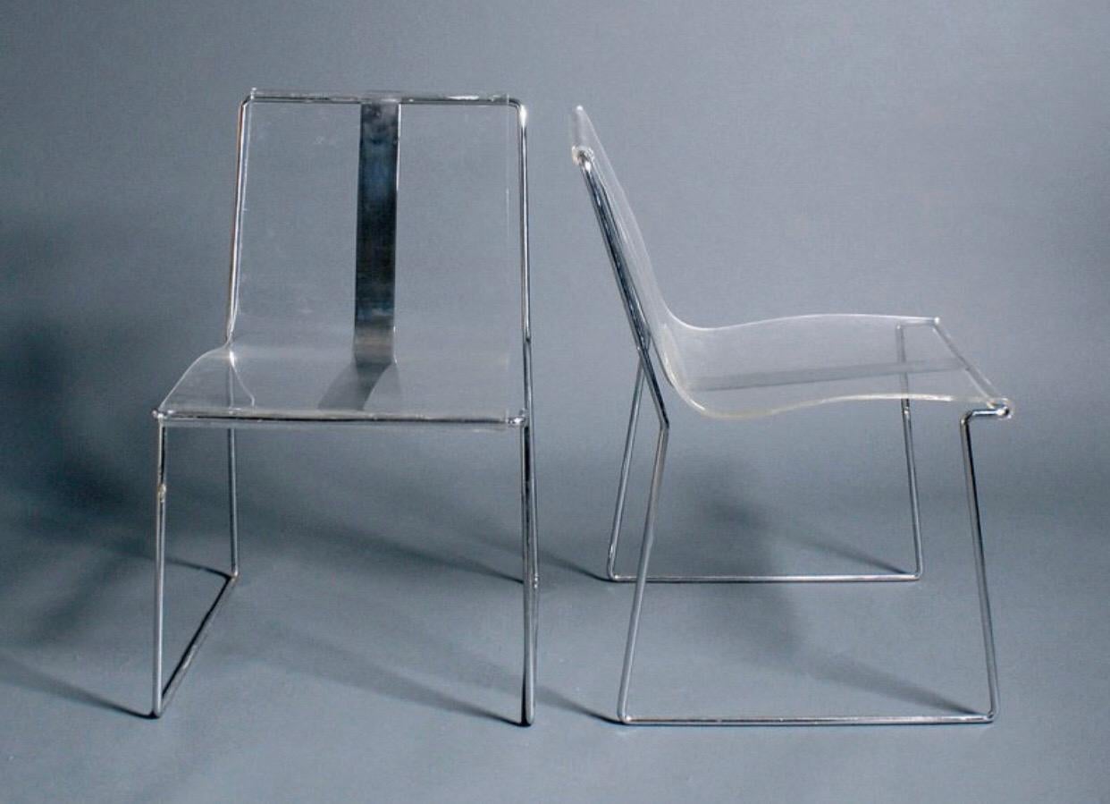10 transparent Lucite chairs with chrome structure
Designed by Jacques Charpertier, circa 1970.
Small production retailed and produced By Jacques Charpentier.
Good condition.
 