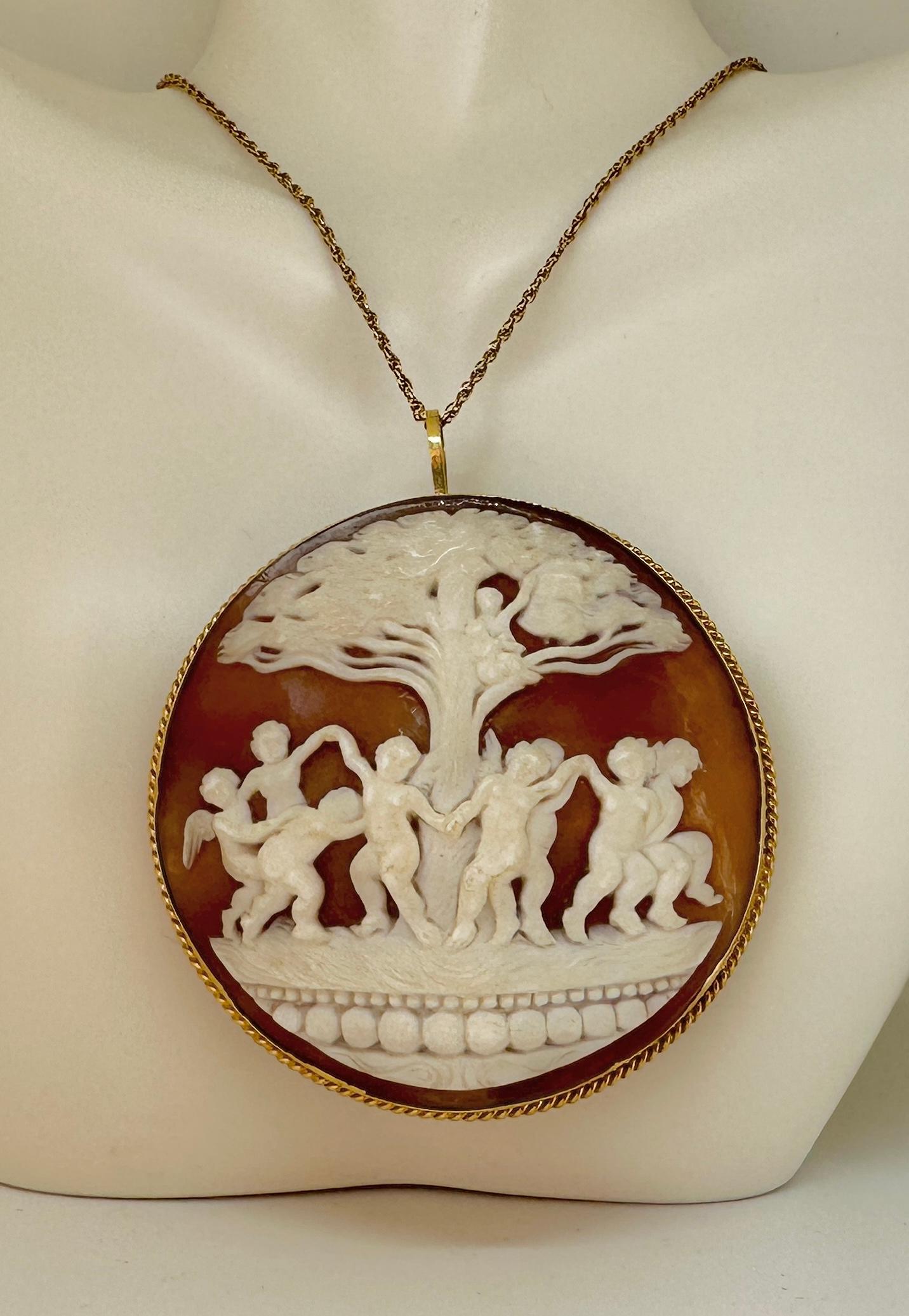 10 Cherub Angel Putti Cupid Cameo Pendant Brooch 18 Karat Gold Necklace Antique 1