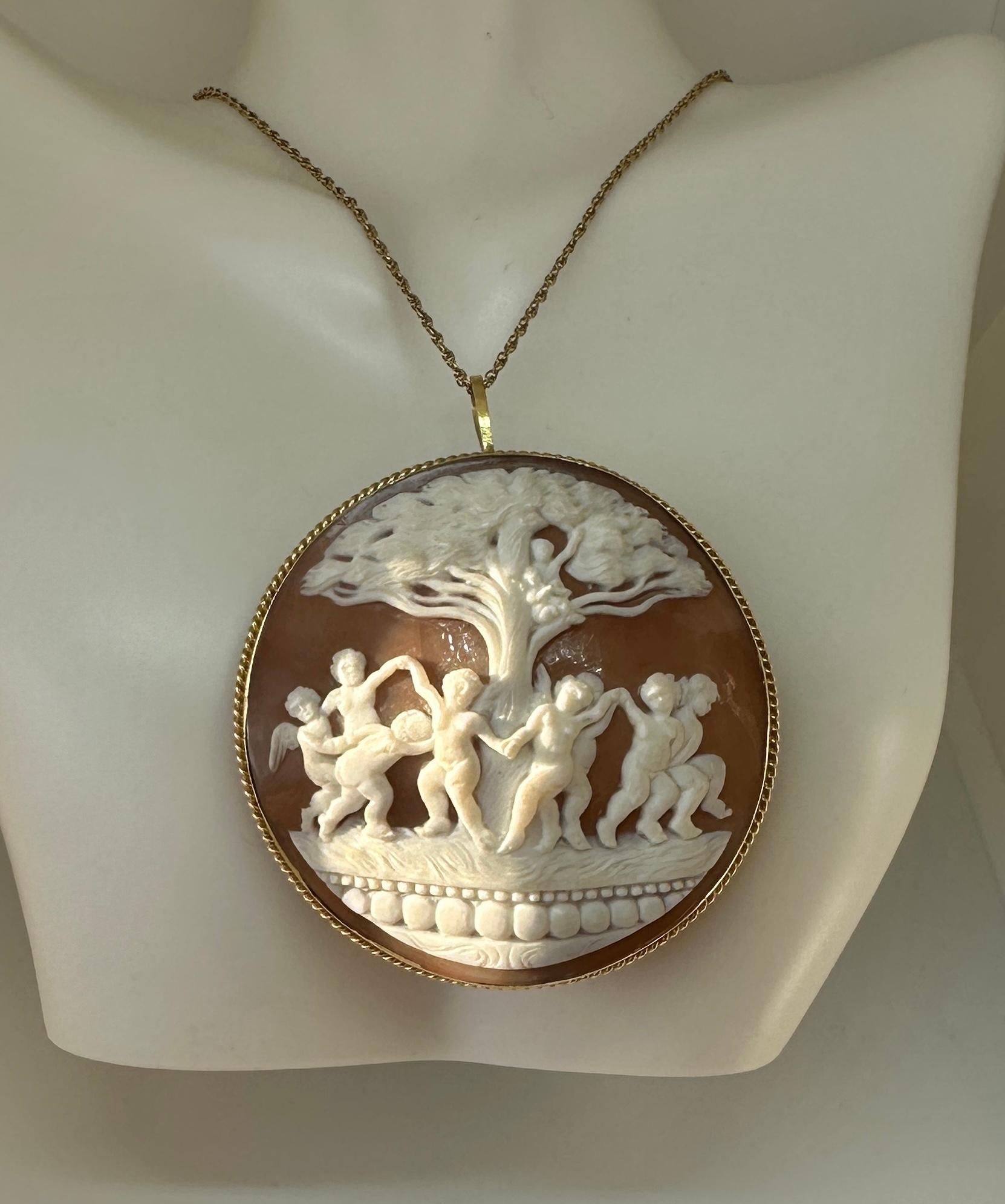 10 Cherub Angel Putti Cupid Cameo Pendant Brooch 18 Karat Gold Necklace Antique 2