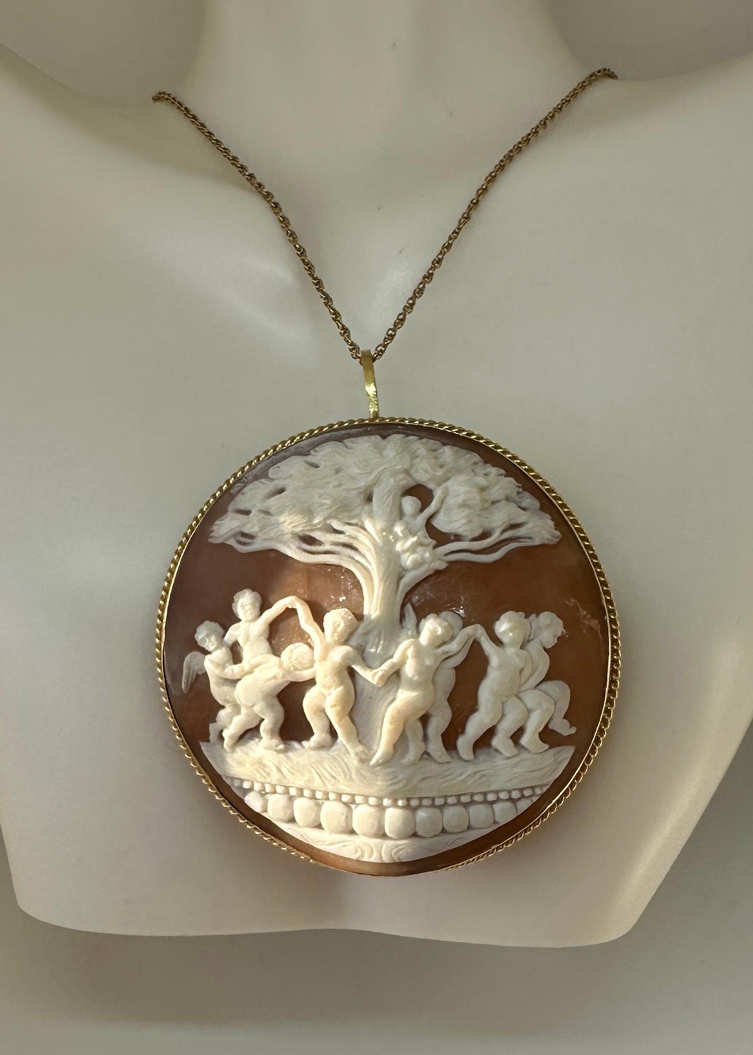 10 Cherub Angel Putti Cupid Cameo Pendant Brooch 18 Karat Gold Necklace Antique 3