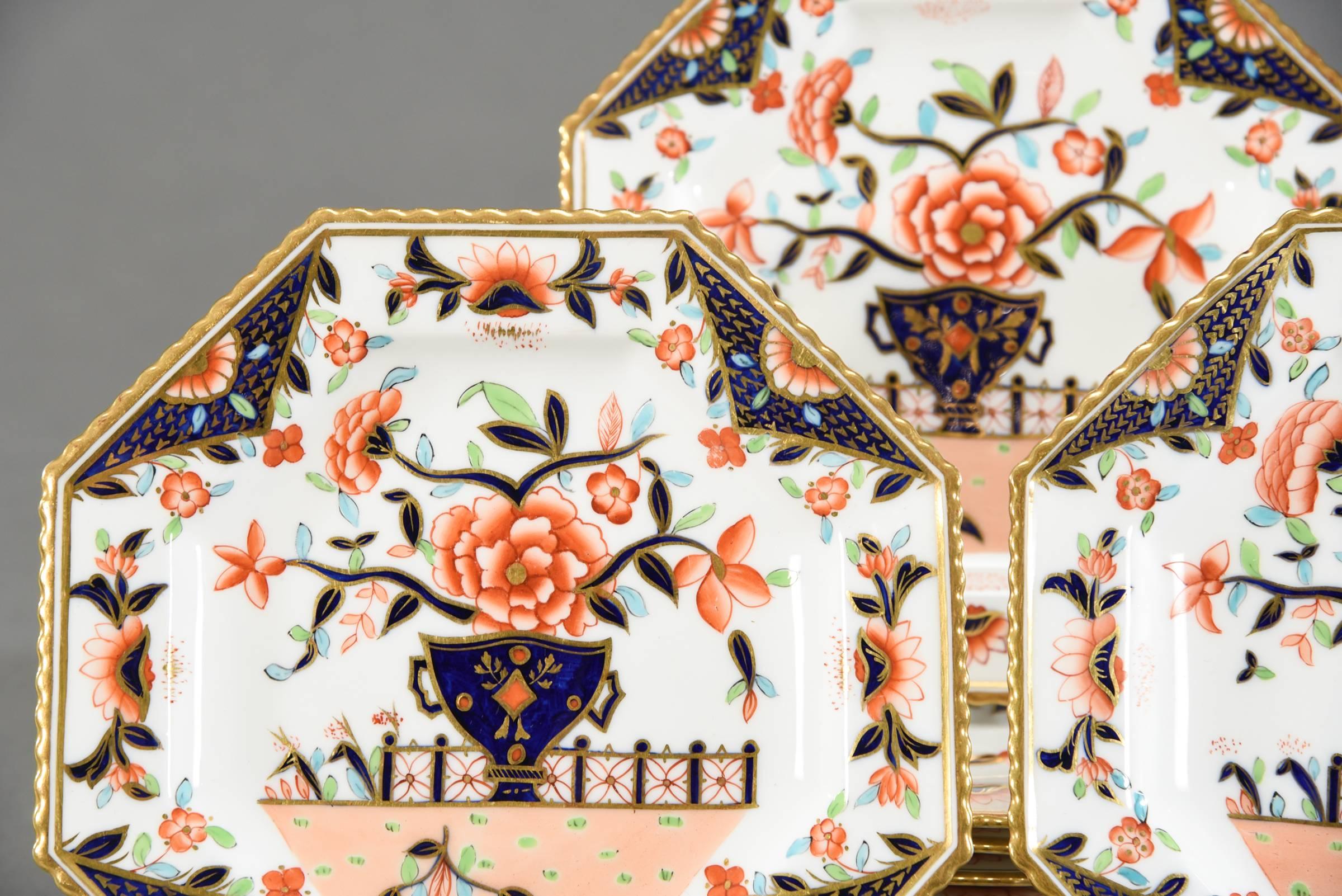 Imagine serving a first course or dessert course on these unusually shaped plates, all decorated in the Imari style and color way, highlighted in gold. The octagonal shape with notched rims adds a dramatic visual to the traditional round table