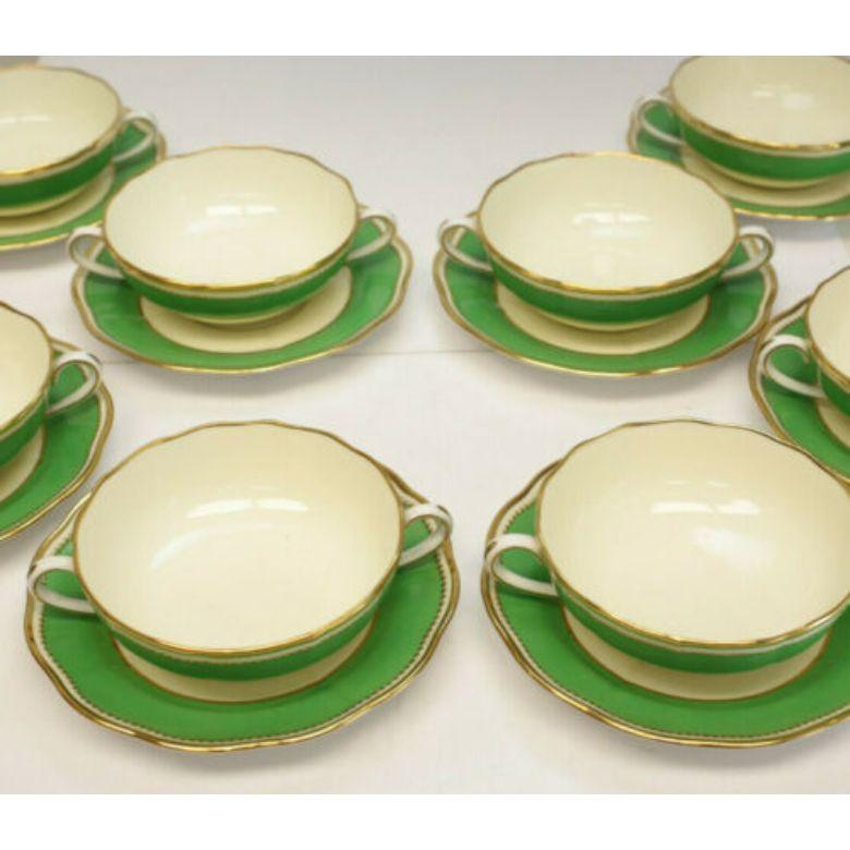 10 Copeland Spode for Tiffany & Co. bouillon bowls and underplates, circa 1900

Apple green to the ground with gilt beaded designs to the rim. Scallop to the edges. Copeland Spode marks to the underside. 

Additional information:
Material: