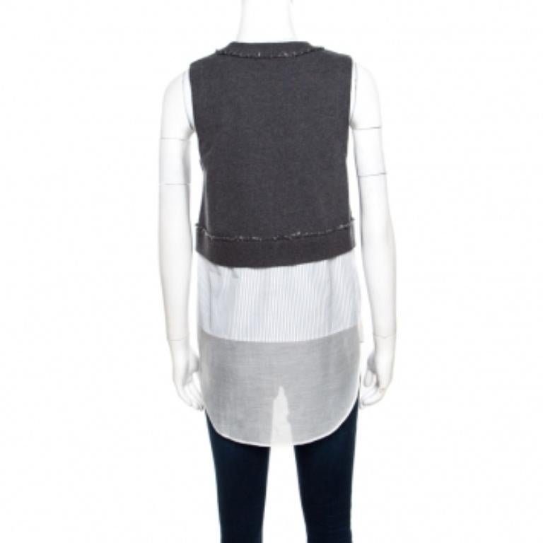 Grigio 10 Crosby Derek Lam Camicetta senza maniche a righe in maglia bianca e grigia S. White in vendita