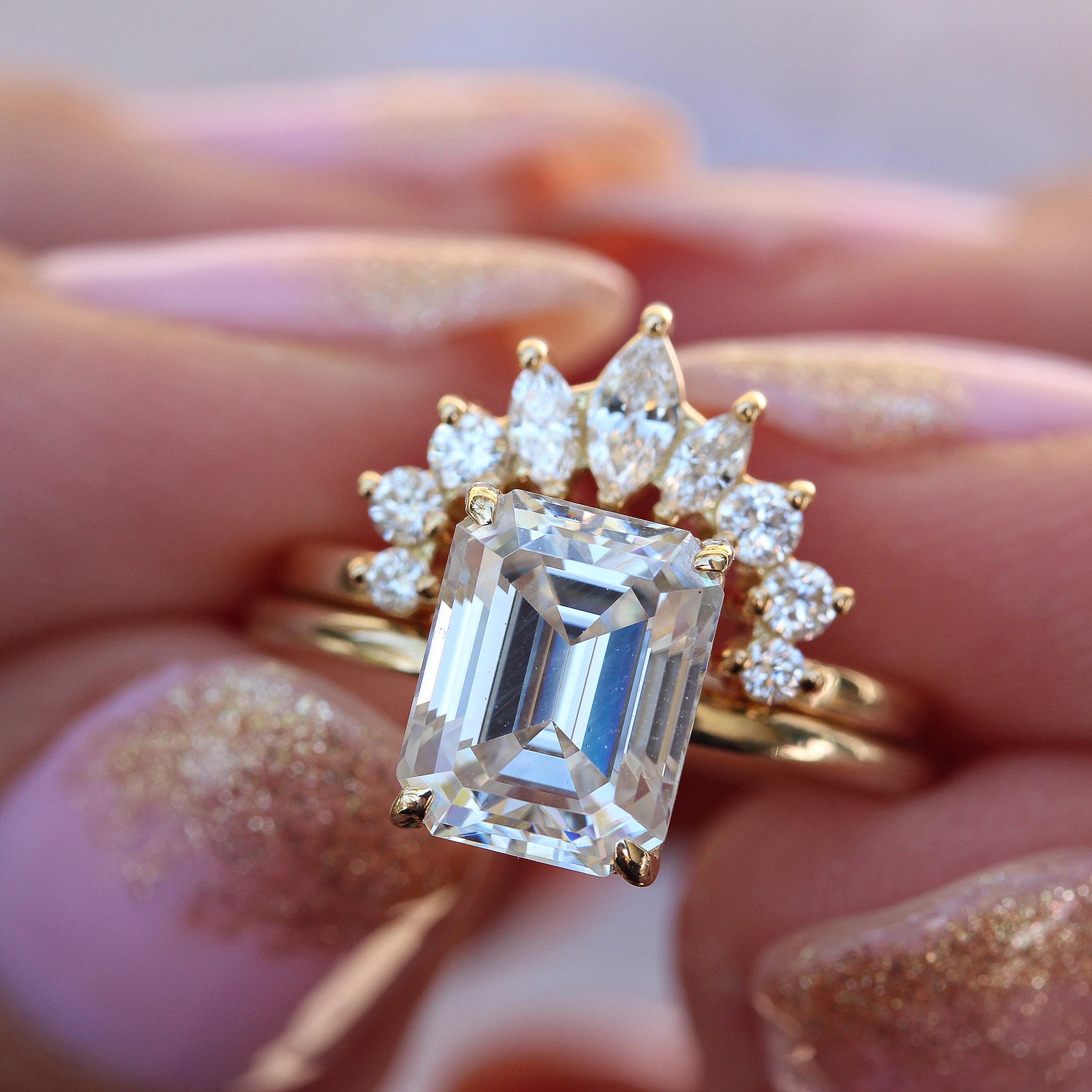 Art Deco 1.0 ct Emerald Cut Solitaire Diamond Engagement Two Ring Set 