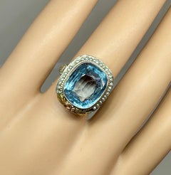10 CT Natural Blue Topaz Pearl Halo Ring 14 Karat Gold Flower Filigree Art Deco