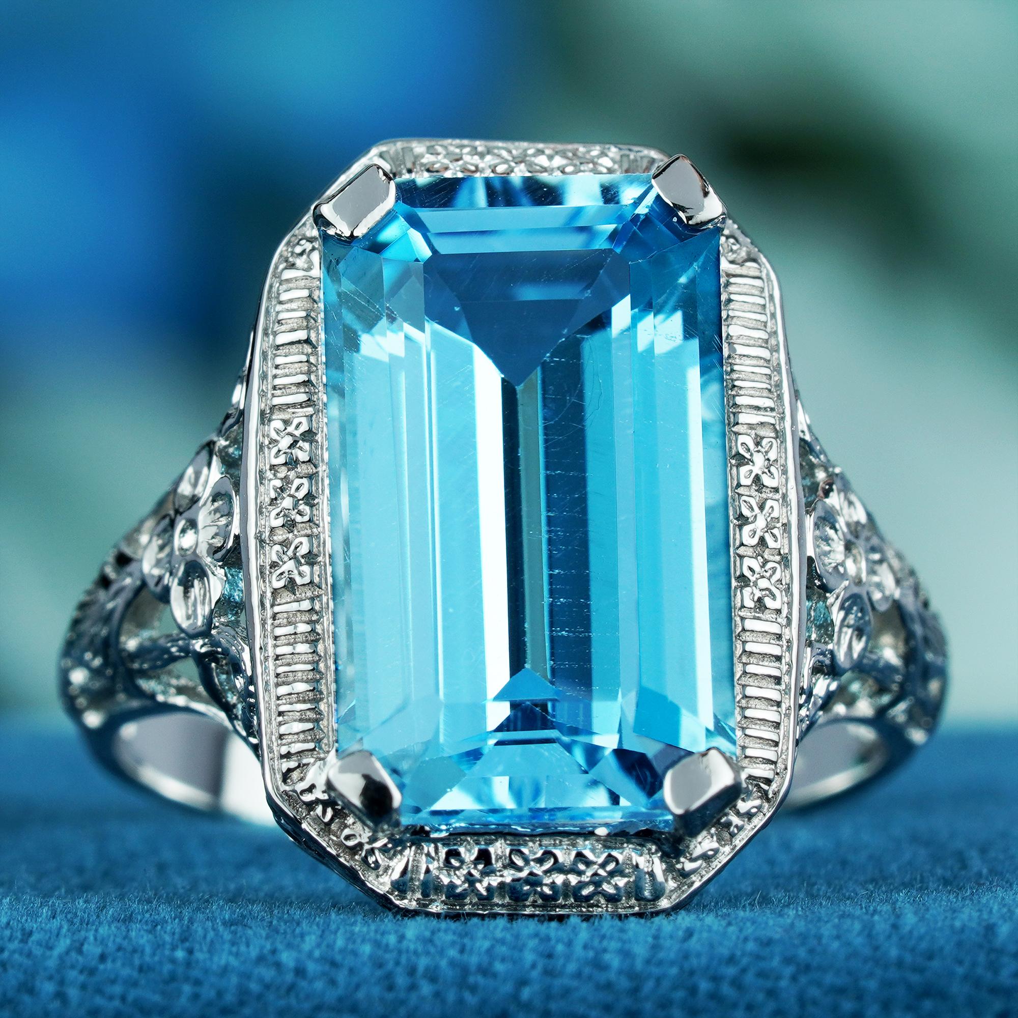 For Sale:  10 Ct. Natural Blue Topaz Vintage Style Cocktail Ring in Solid 9K White Gold 3