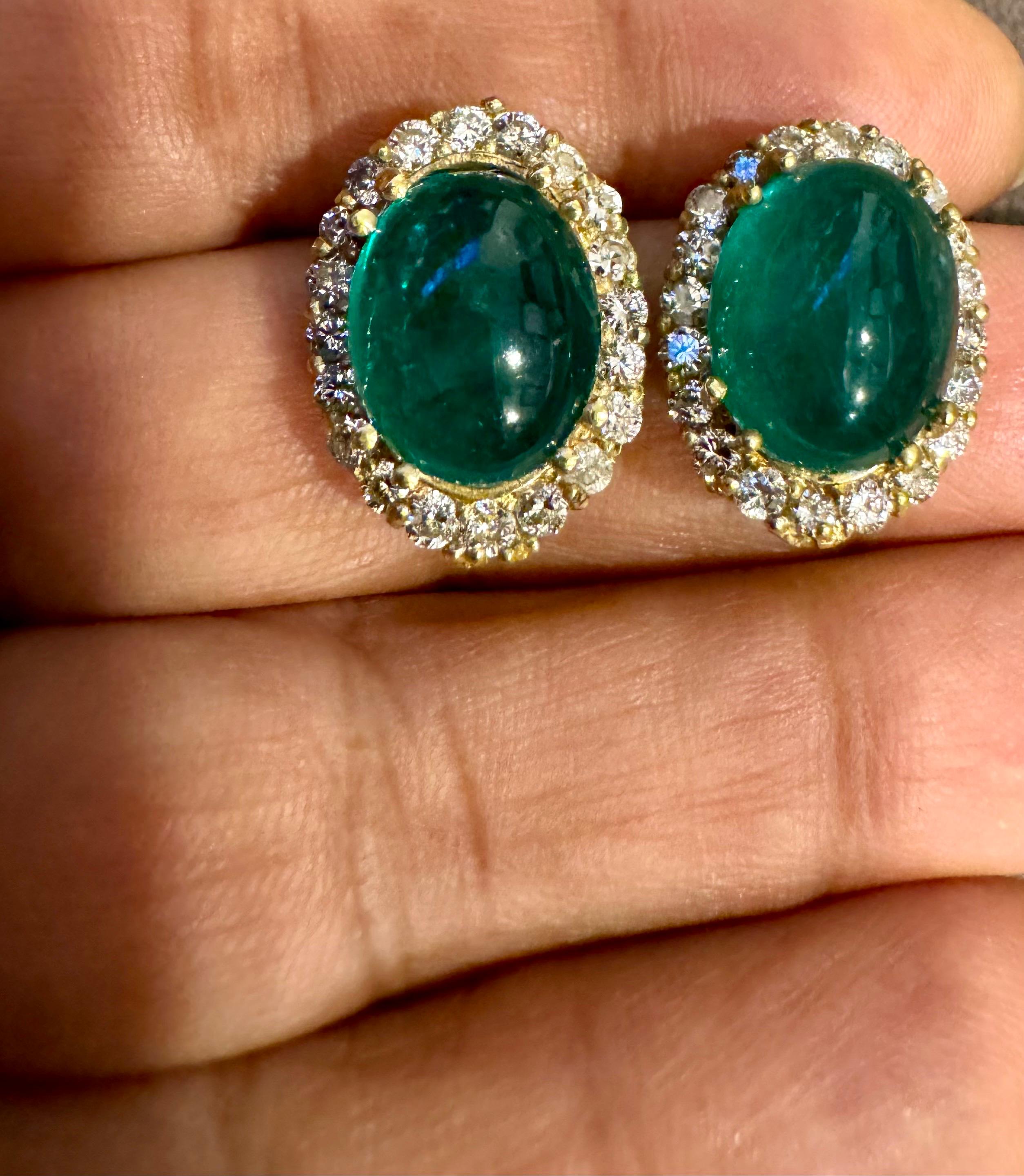 10 Ct Natural Emerald Zambian Cabochon & 2 Ct Diamond Stud Earring 14 KY Gold For Sale 6